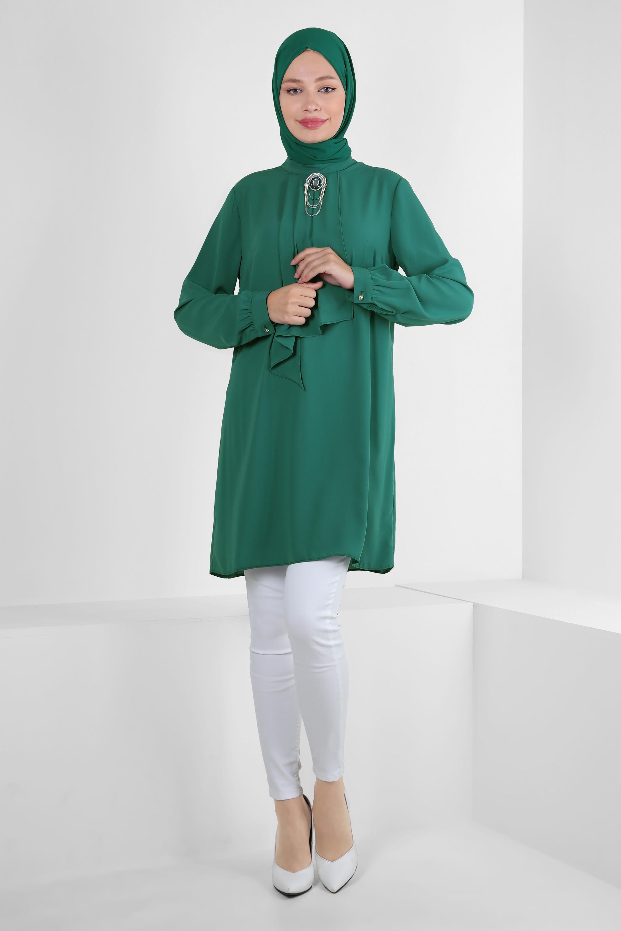 Tesettür giyim YEŞİL AKSESUARLI FIRFIR DETAYLI TUNİK 43539