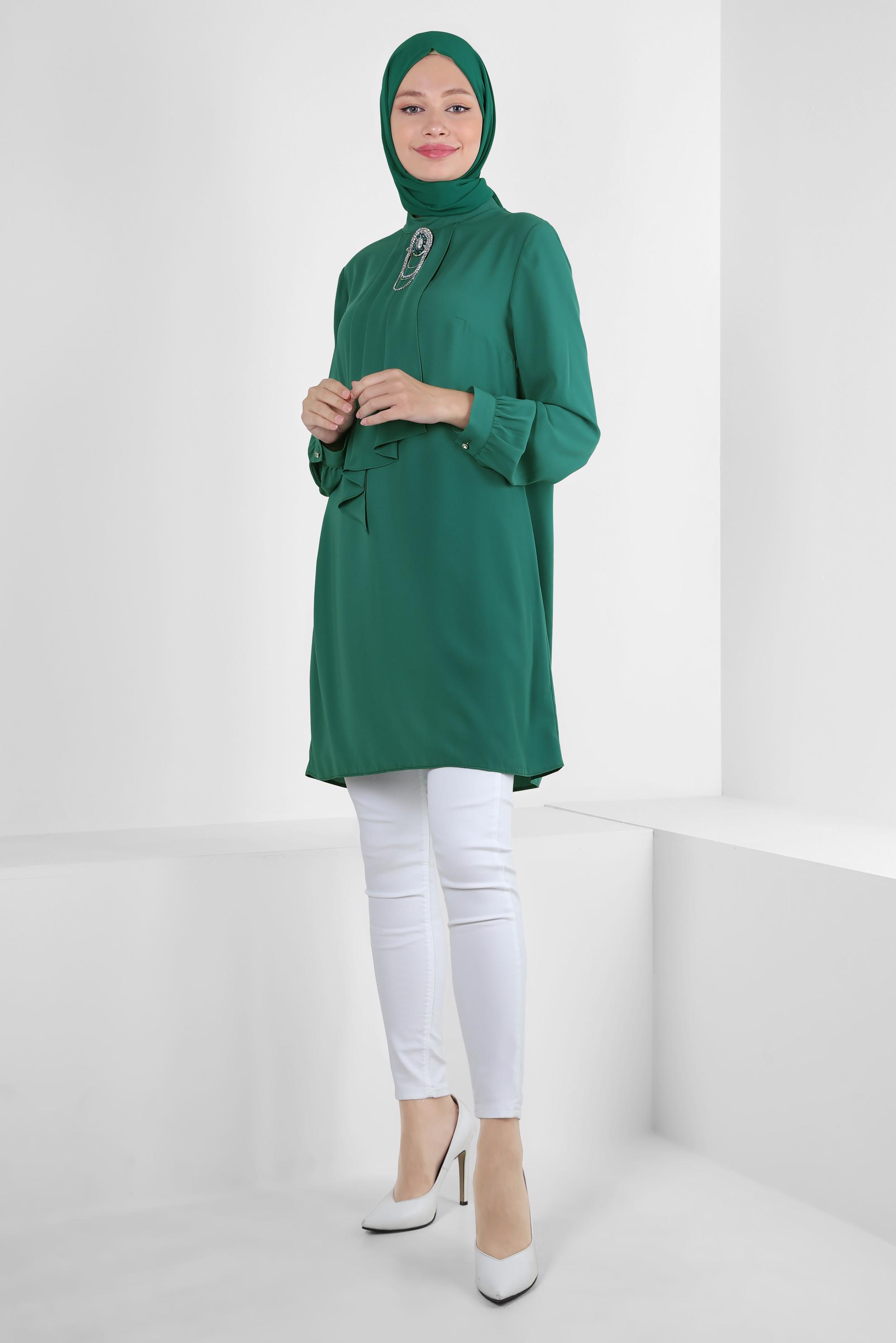 Tesettür giyim YEŞİL AKSESUARLI FIRFIR DETAYLI TUNİK 43539