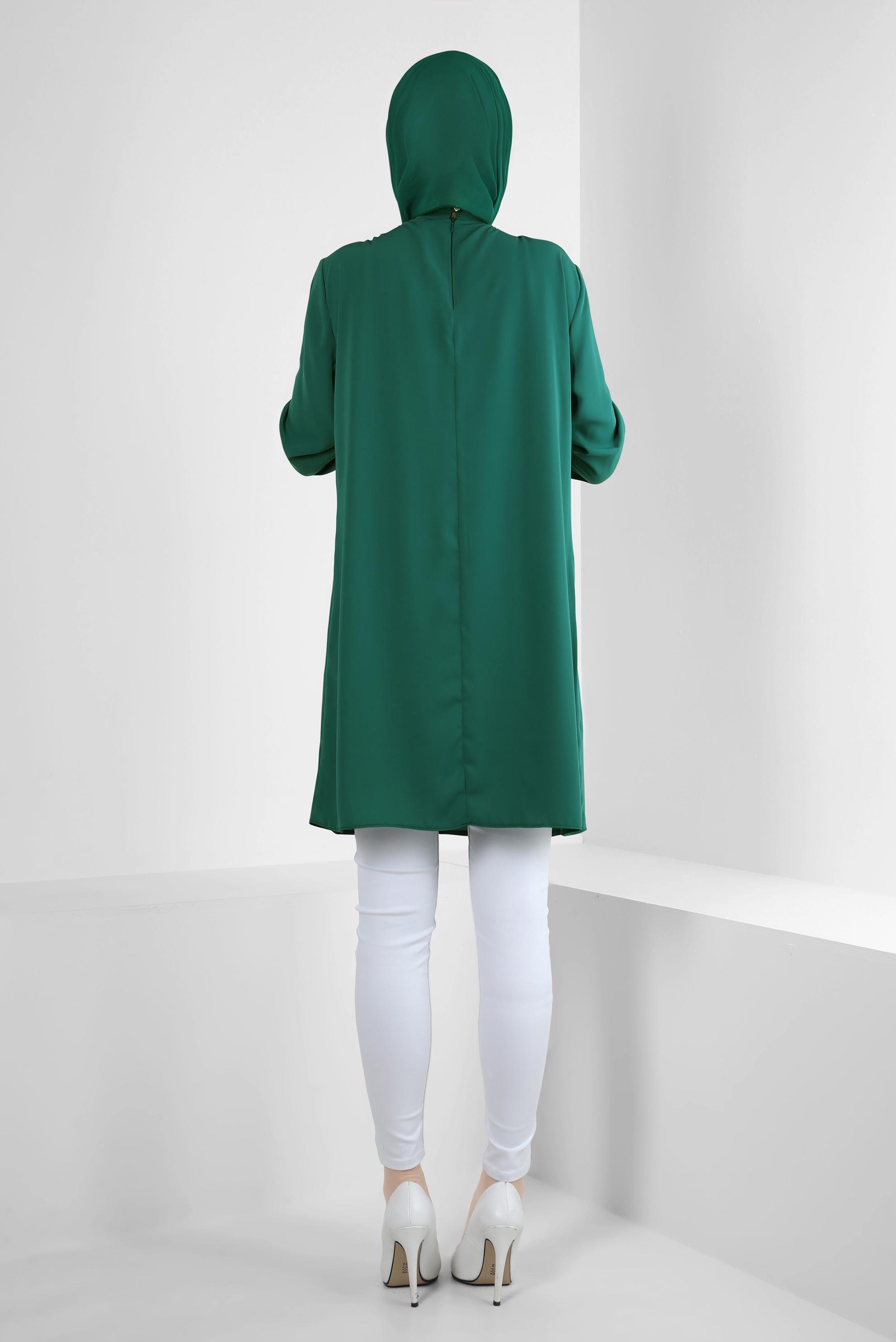 Tesettür giyim YEŞİL AKSESUARLI FIRFIR DETAYLI TUNİK 43539