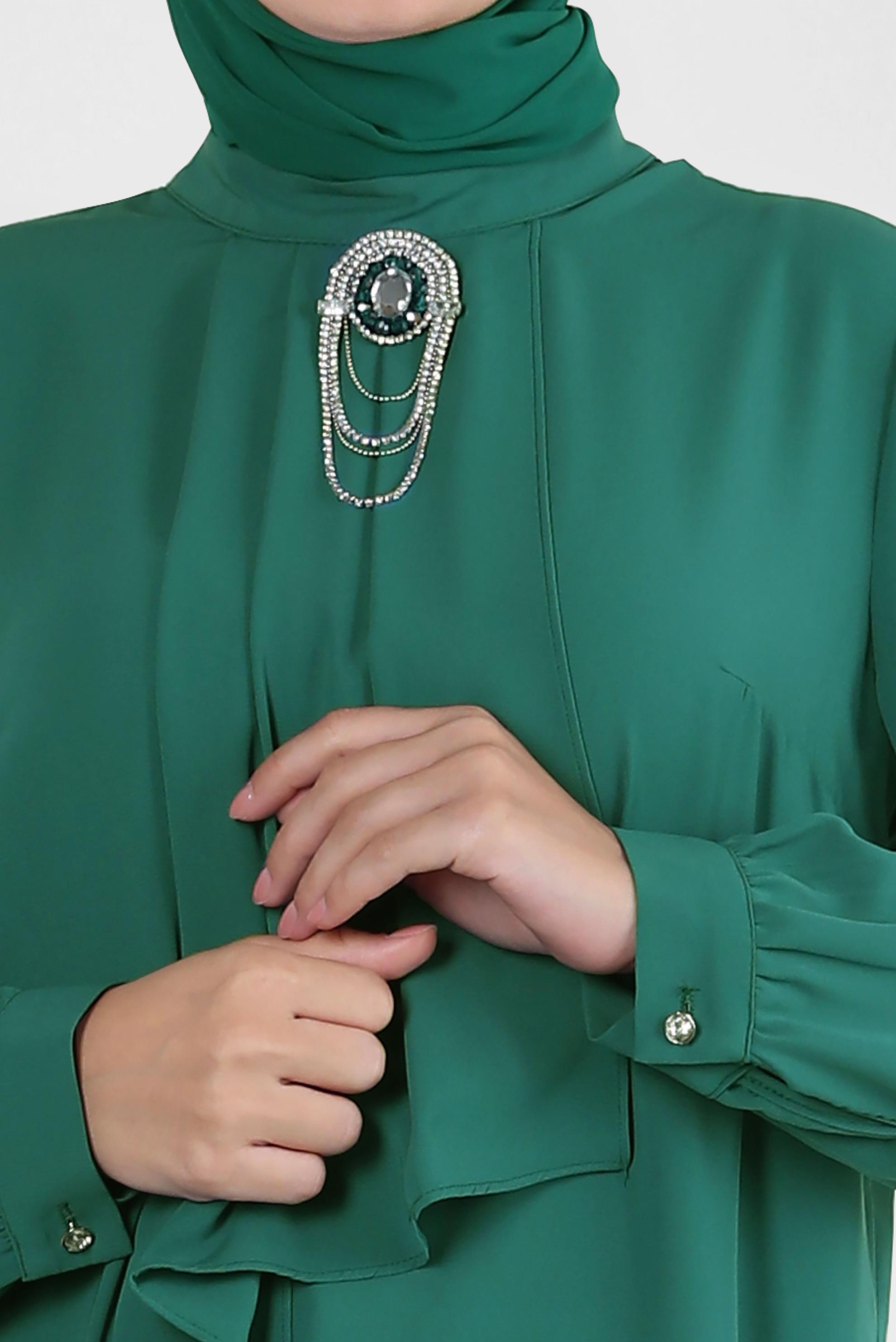 Tesettür giyim YEŞİL AKSESUARLI FIRFIR DETAYLI TUNİK 43539