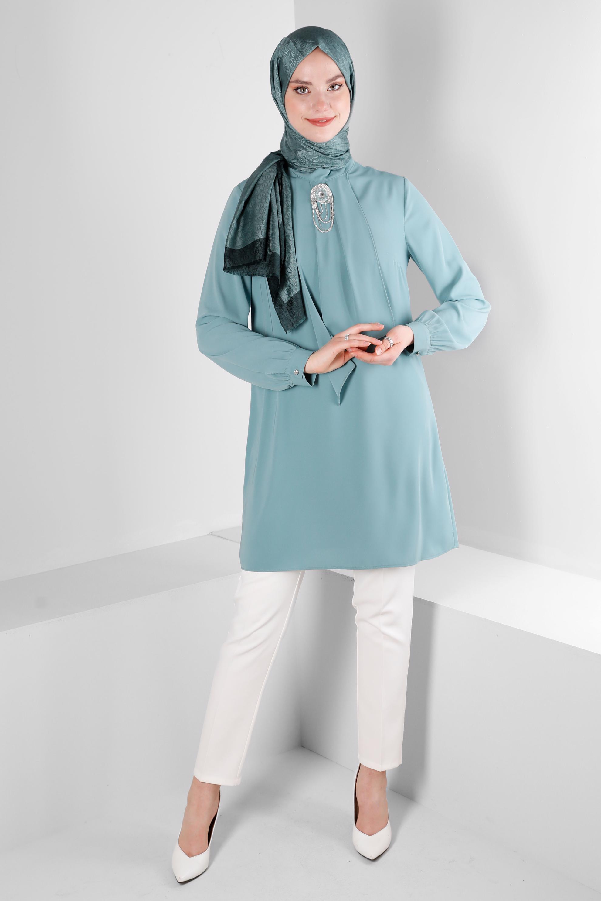 Tesettür giyim YEŞİL AKSESUARLI FIRFIR DETAYLI TUNİK 43539