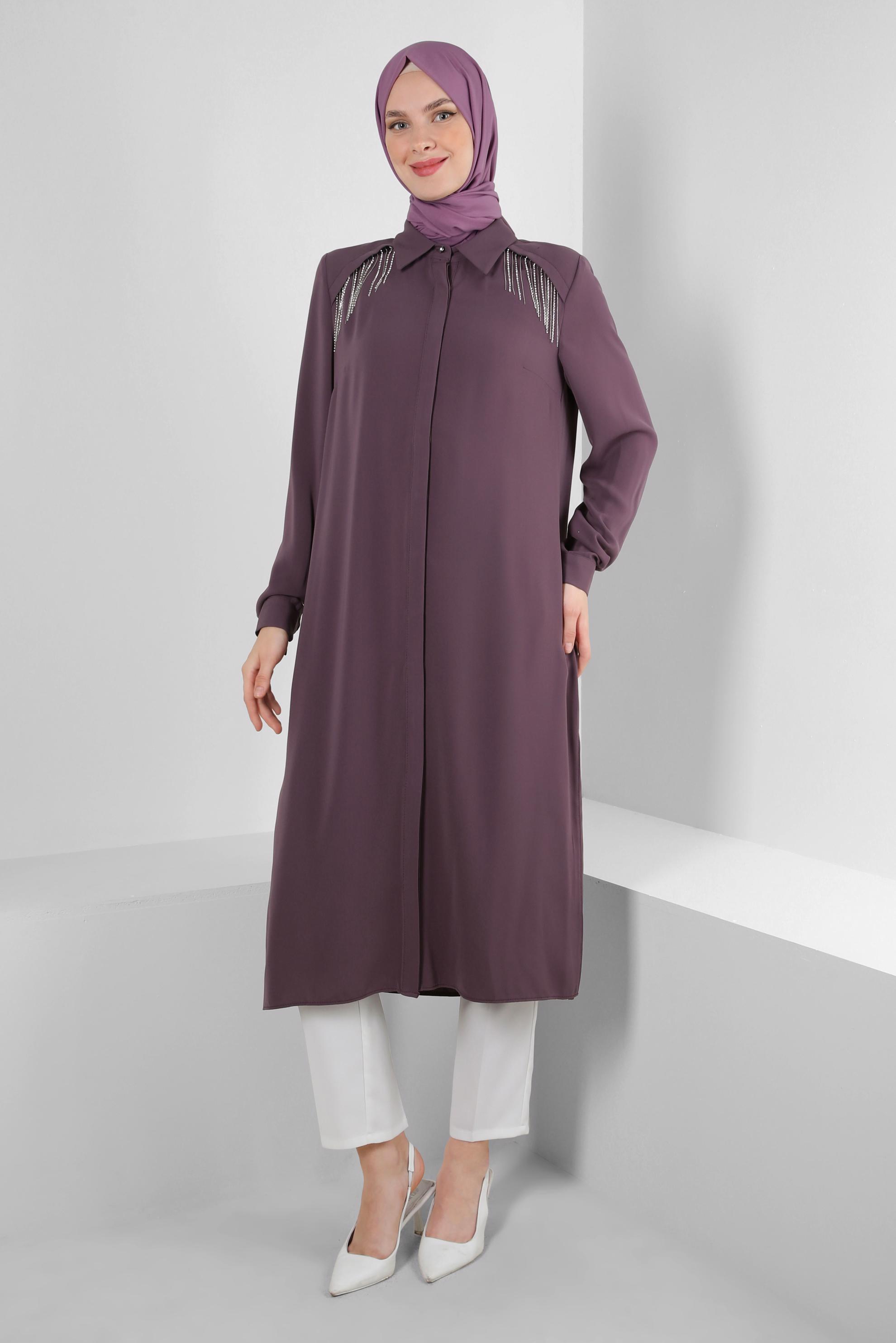 Tesettür giyim MOR TAŞ PÜSKÜL DETAYLI YANI YIRTMAÇLI TUNİK 43545