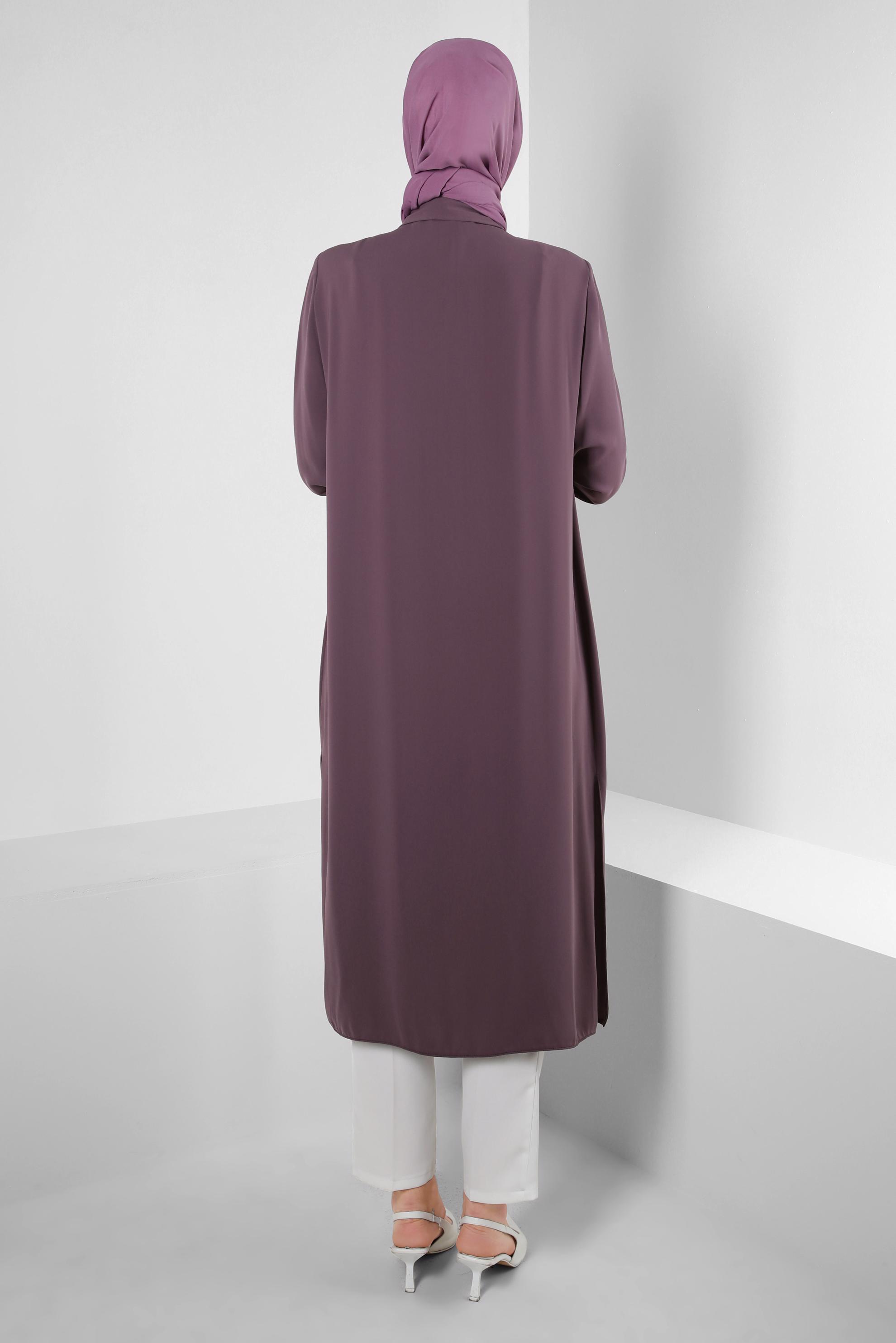 Tesettür giyim MOR TAŞ PÜSKÜL DETAYLI YANI YIRTMAÇLI TUNİK 43545