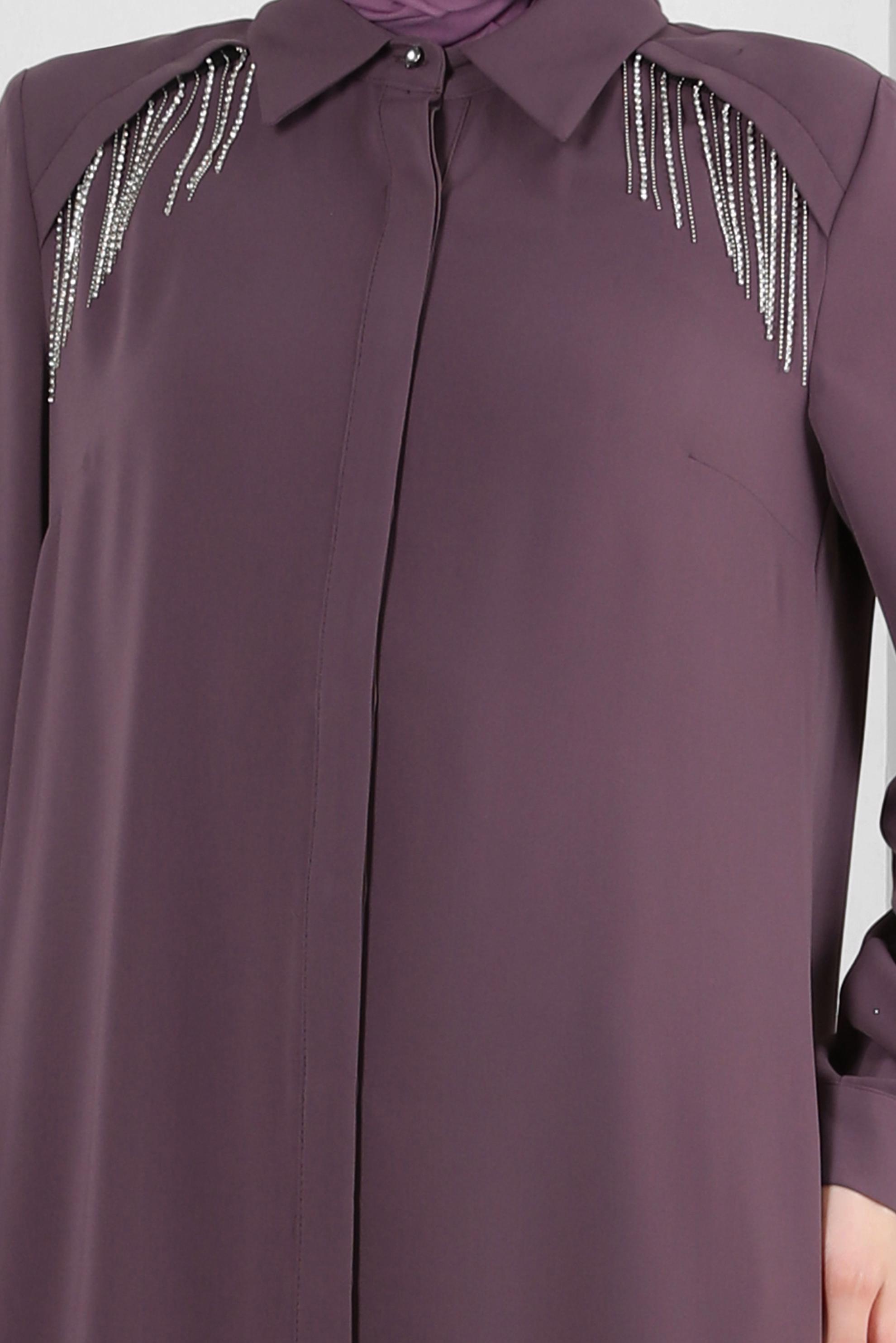 Tesettür giyim MOR TAŞ PÜSKÜL DETAYLI YANI YIRTMAÇLI TUNİK 43545