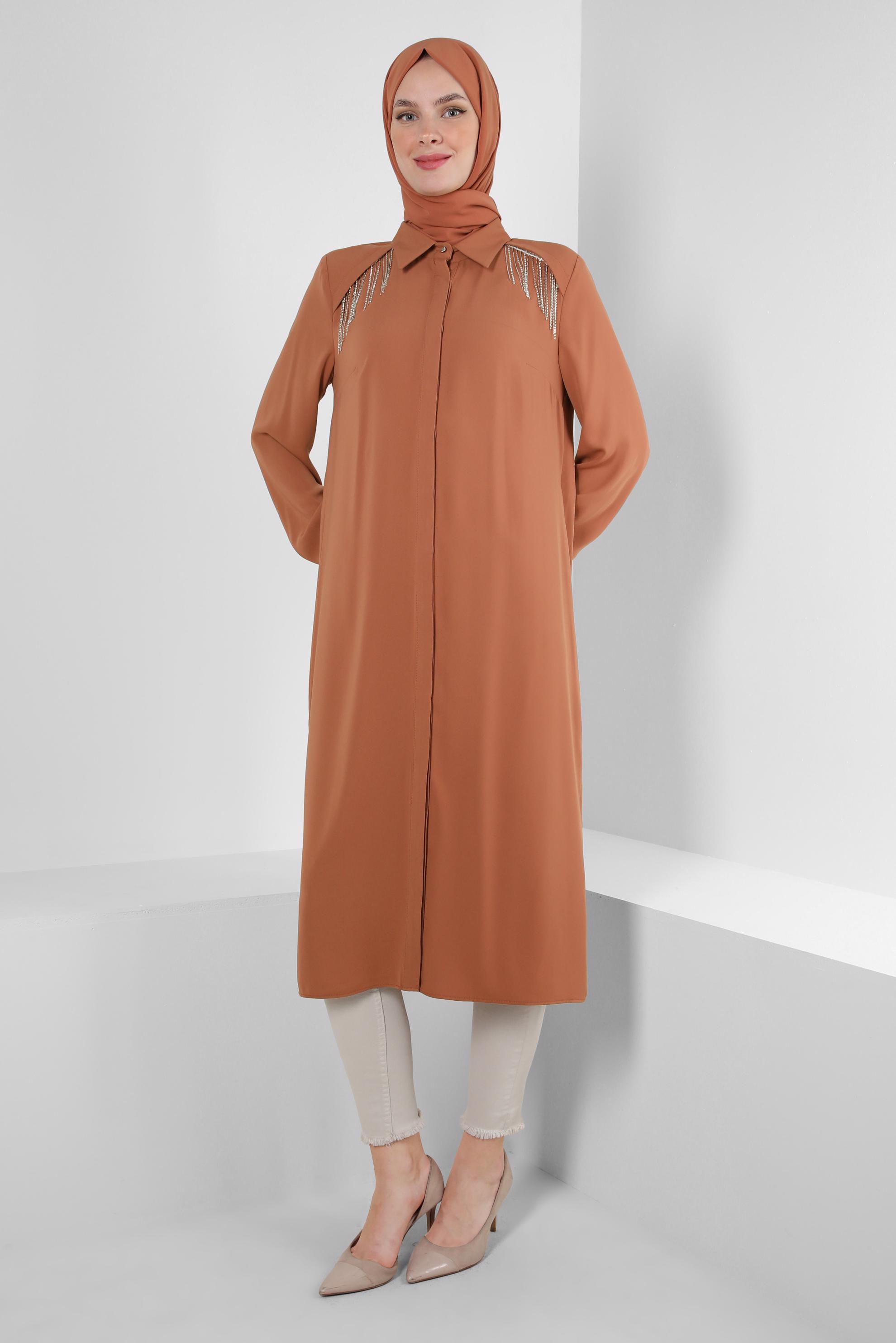 Tesettür giyim KAHVE TAŞ PÜSKÜL DETAYLI YANI YIRTMAÇLI TUNİK 43545