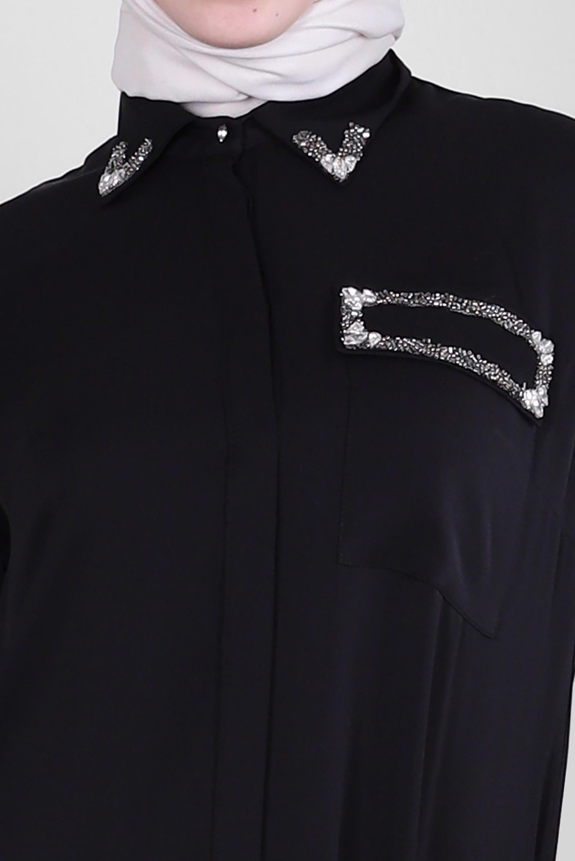 Tesettür giyim SİYAH TAŞ BASKILI GİZLİ DÜĞMELİ UZUN TUNİK 43548