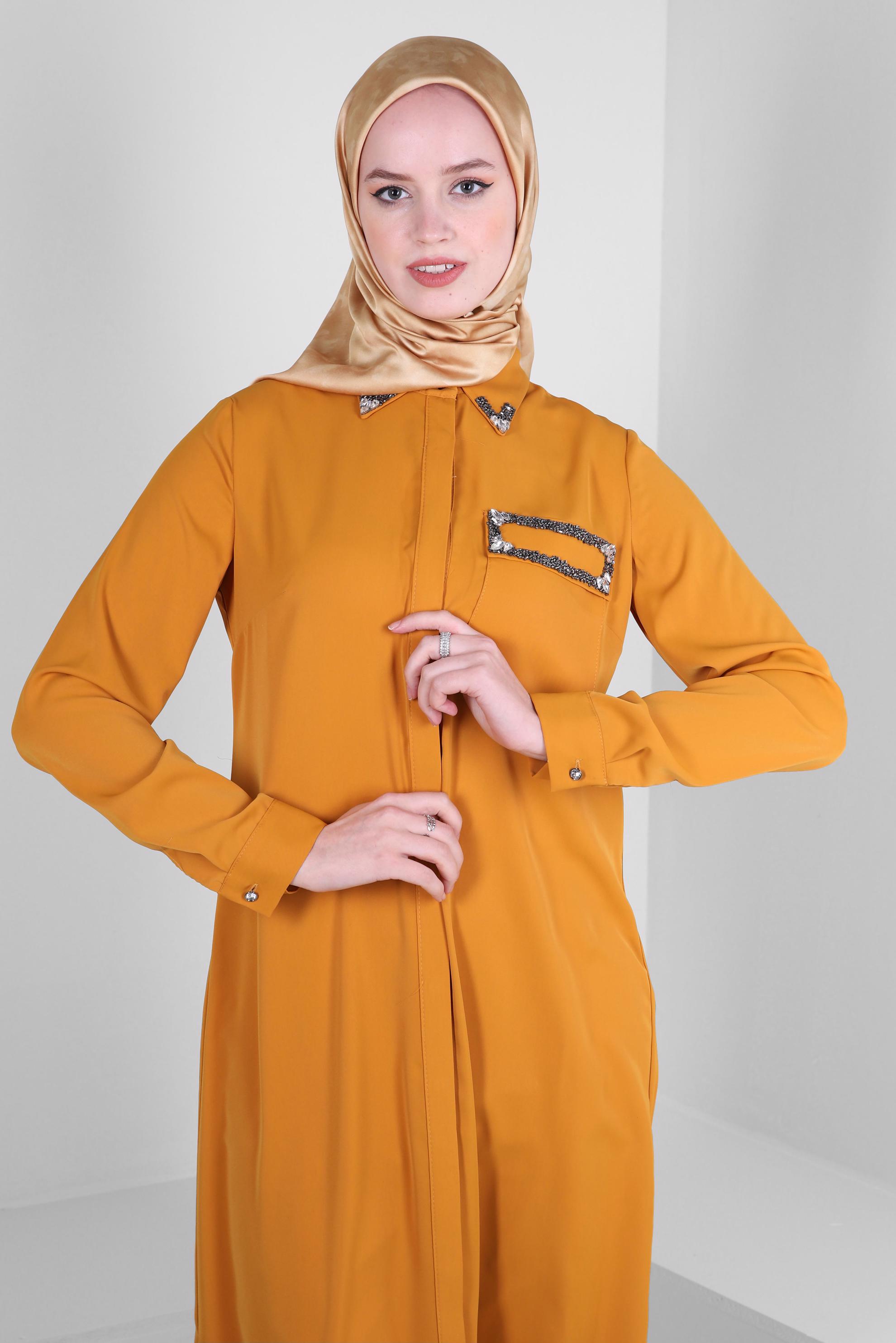 Tesettür giyim SARI TAŞ BASKILI GİZLİ DÜĞMELİ UZUN TUNİK 43548