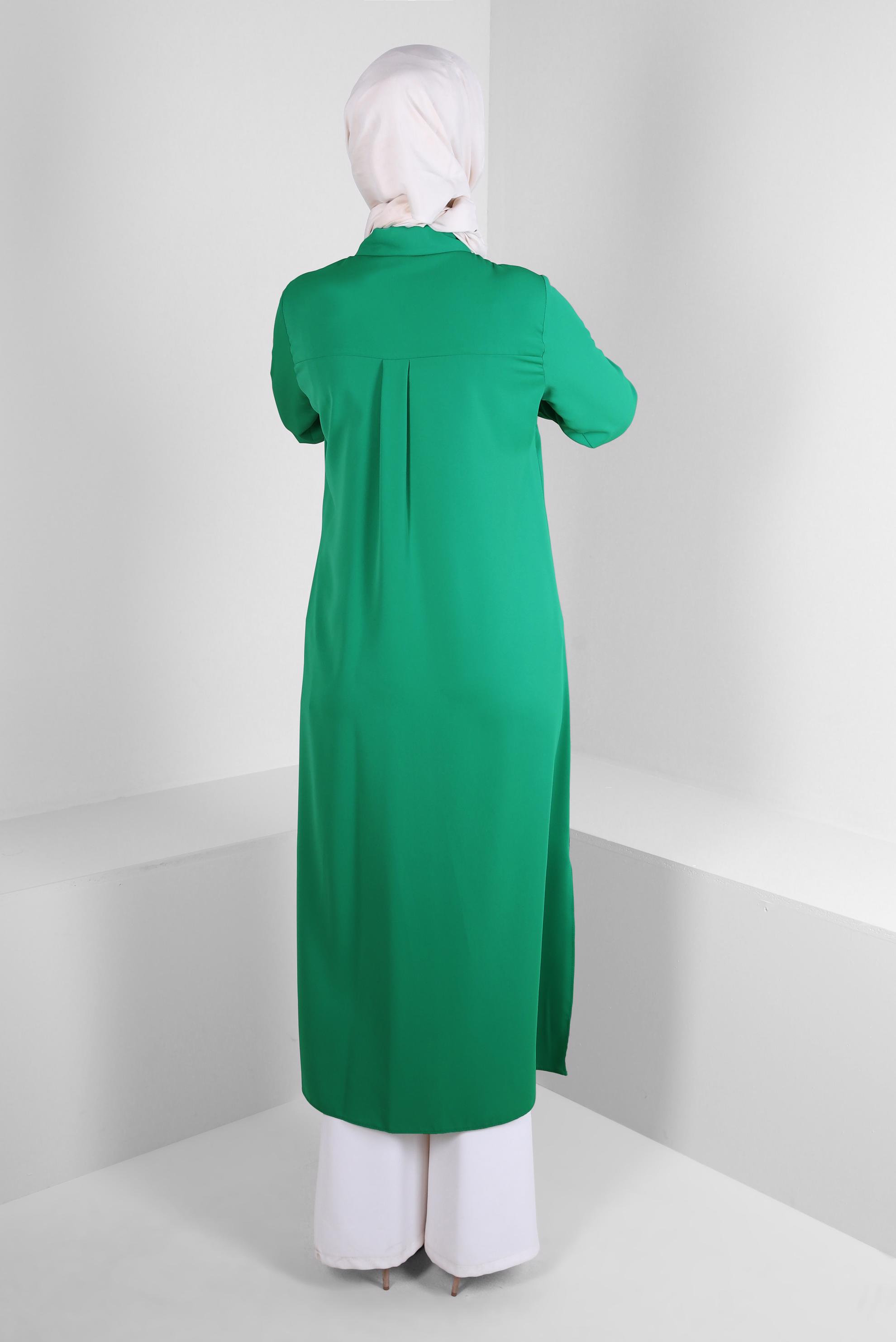 Tesettür giyim YEŞİL TAŞ BASKILI GİZLİ DÜĞMELİ UZUN TUNİK 43548