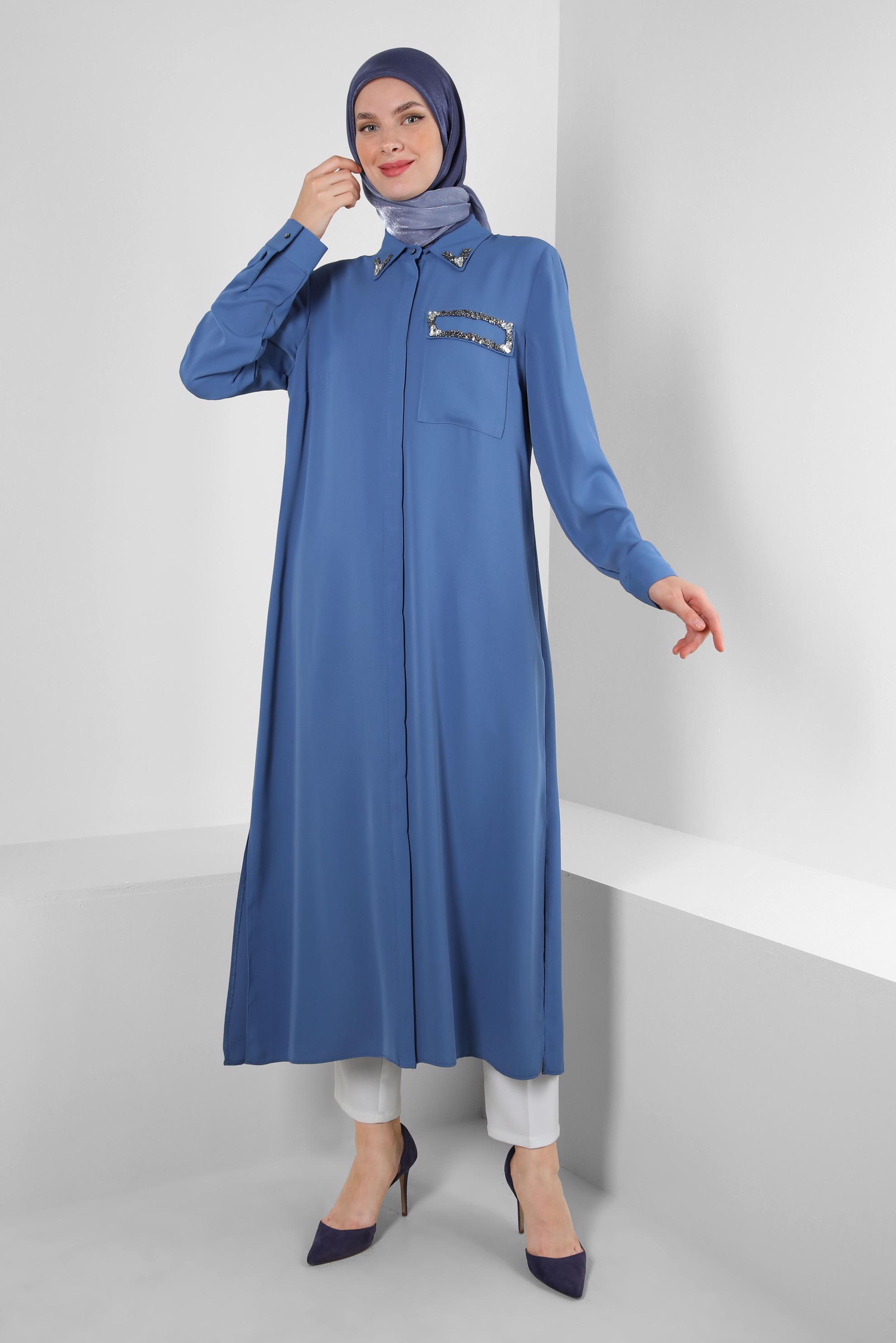 Tesettür giyim LACİVERT TAŞ BASKILI GİZLİ DÜĞMELİ UZUN TUNİK 43548