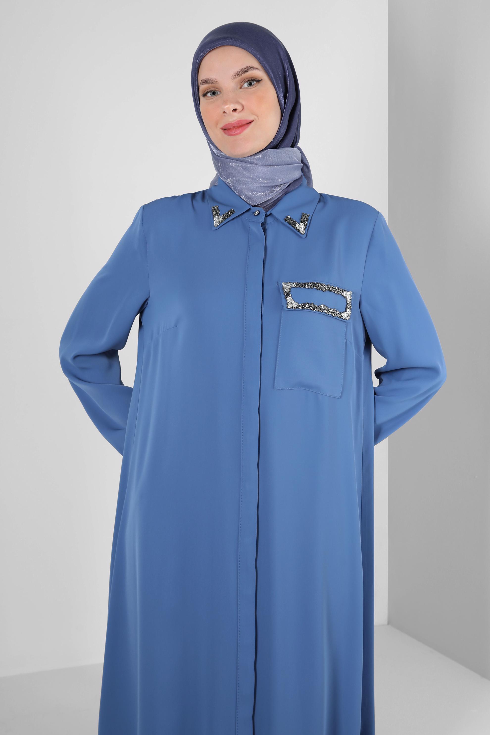 Tesettür giyim LACİVERT TAŞ BASKILI GİZLİ DÜĞMELİ UZUN TUNİK 43548