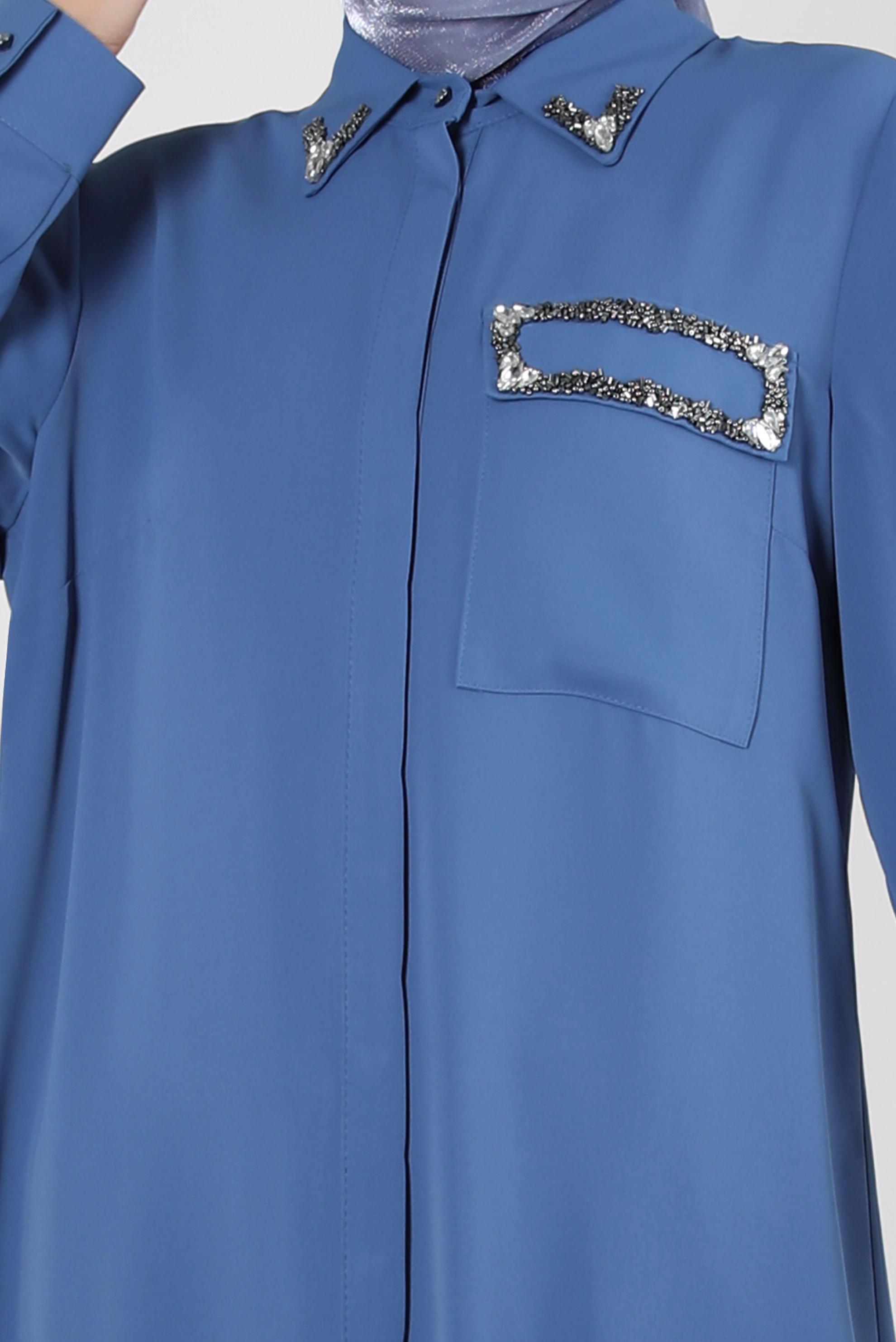 Tesettür giyim LACİVERT TAŞ BASKILI GİZLİ DÜĞMELİ UZUN TUNİK 43548