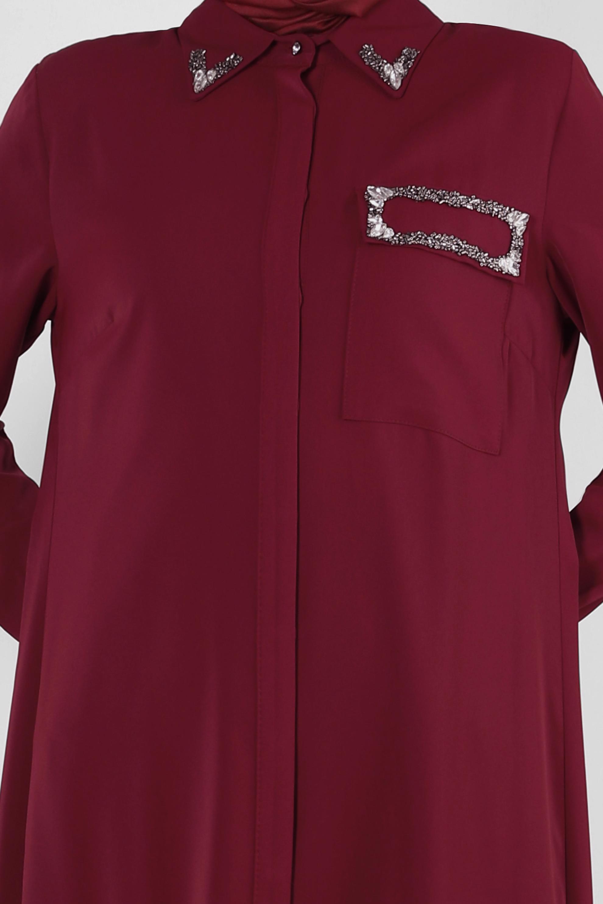 Tesettür giyim BORDO TAŞ BASKILI GİZLİ DÜĞMELİ UZUN TUNİK 43548