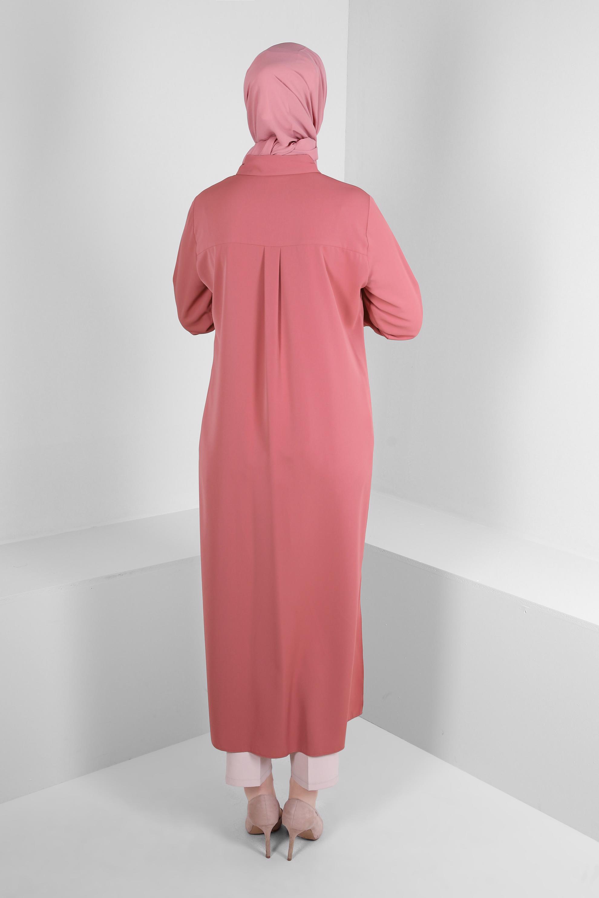 Tesettür giyim PEMBE TAŞ BASKILI GİZLİ DÜĞMELİ UZUN TUNİK 43548