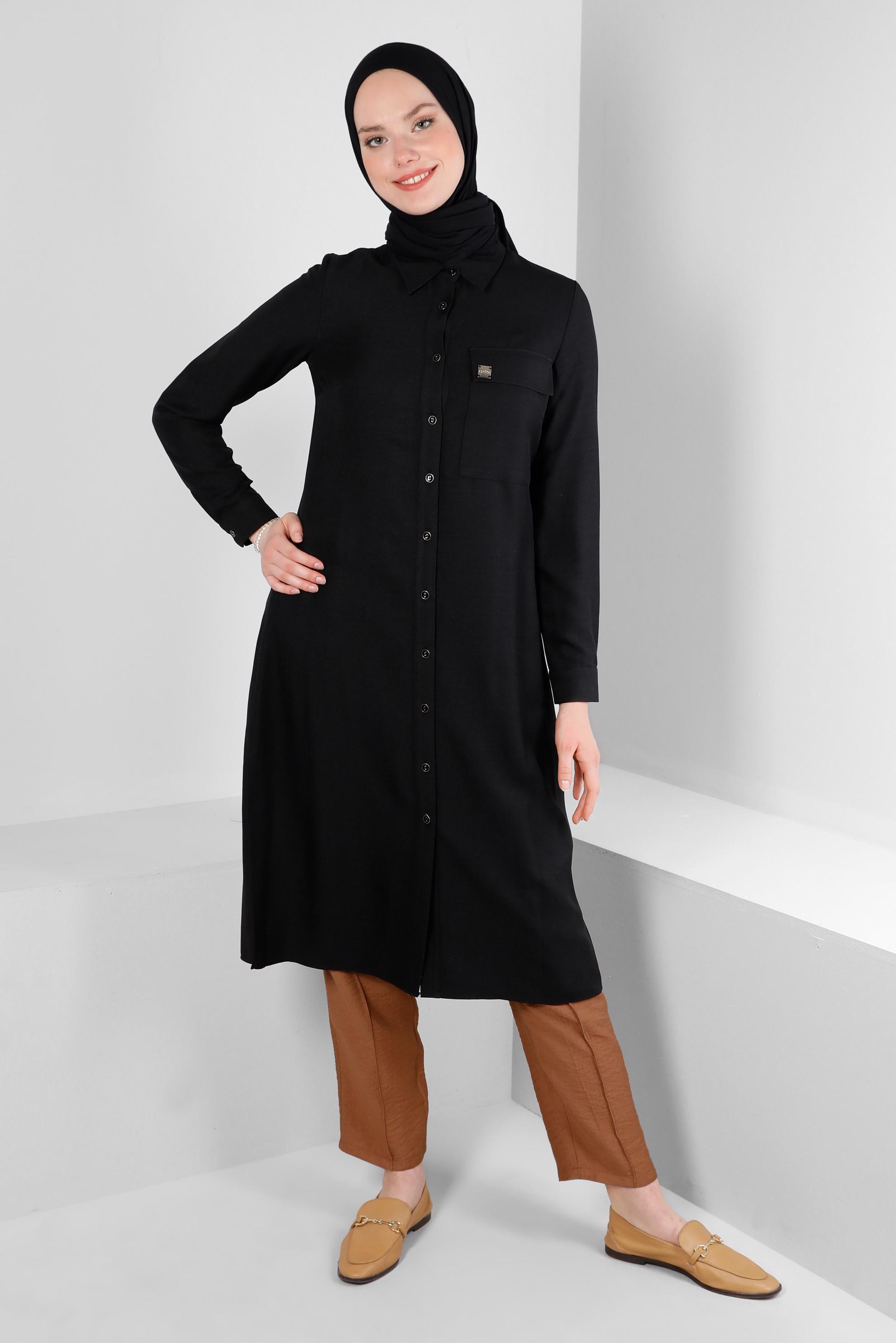 Tesettür giyim SİYAH YANI YIRTMAÇLI GÖMLEK YAKA DÜĞMELİ TUNİK 43549