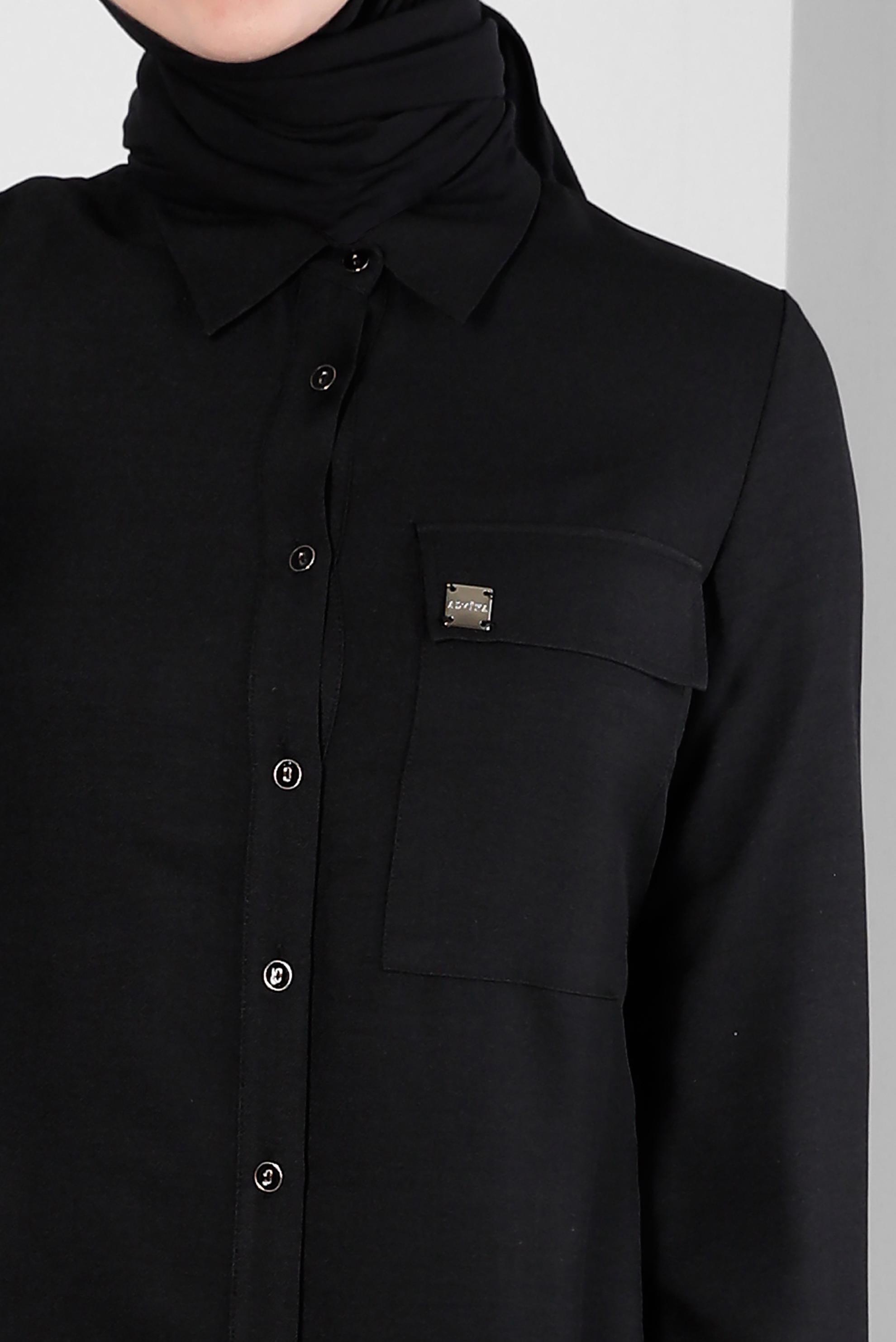 Tesettür giyim SİYAH YANI YIRTMAÇLI GÖMLEK YAKA DÜĞMELİ TUNİK 43549