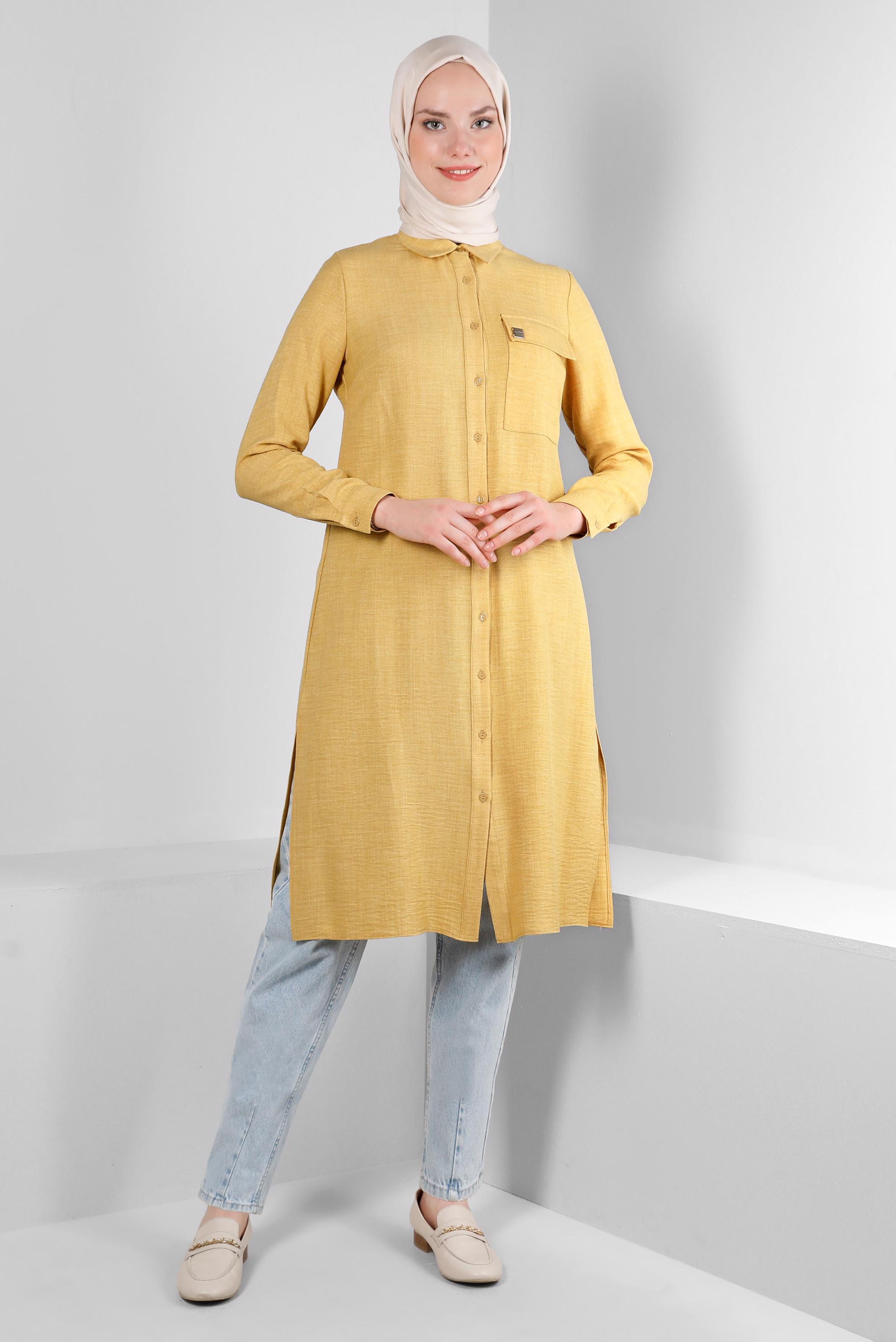 Tesettür giyim SARI YANI YIRTMAÇLI GÖMLEK YAKA DÜĞMELİ TUNİK 43549