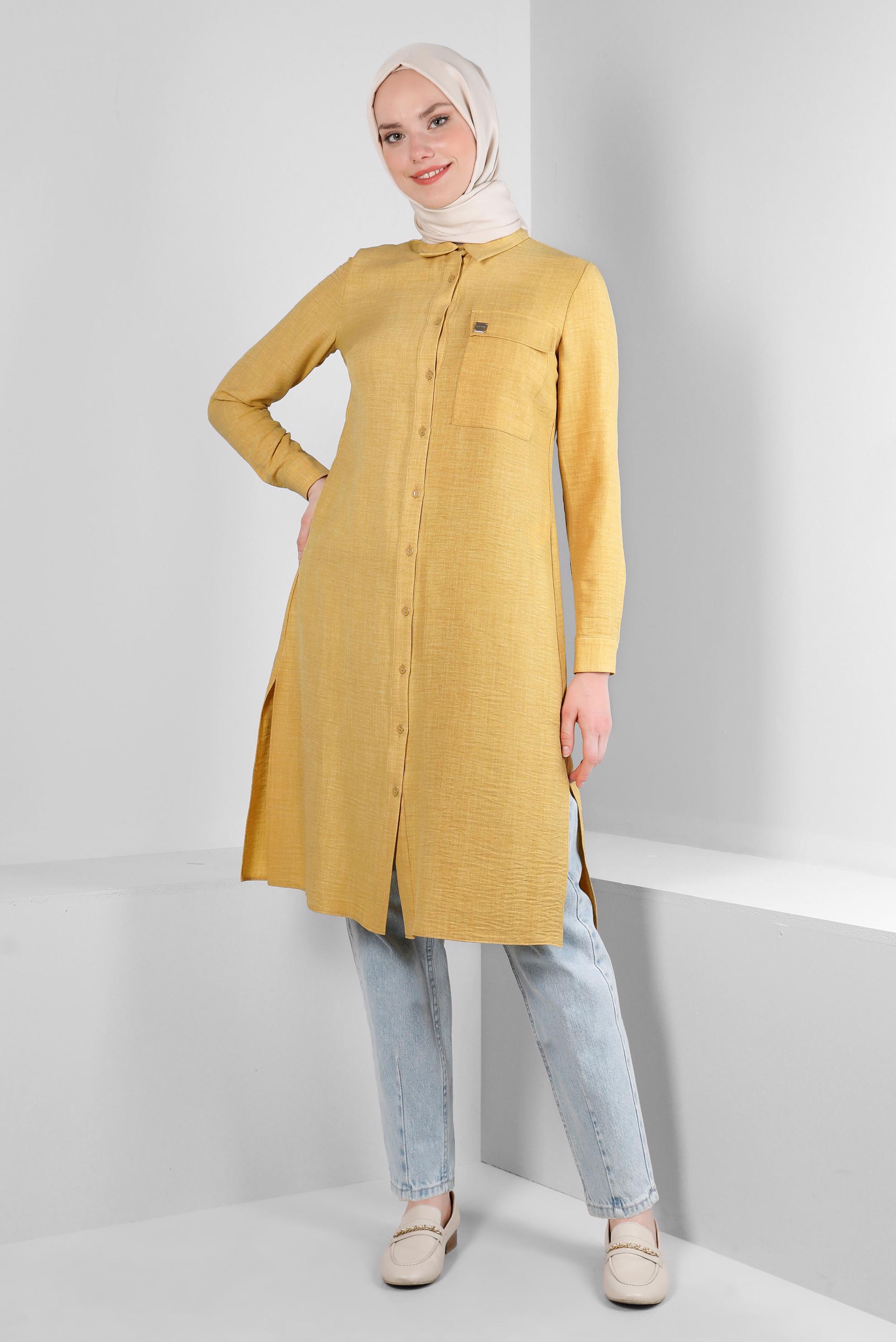 Tesettür giyim SARI YANI YIRTMAÇLI GÖMLEK YAKA DÜĞMELİ TUNİK 43549