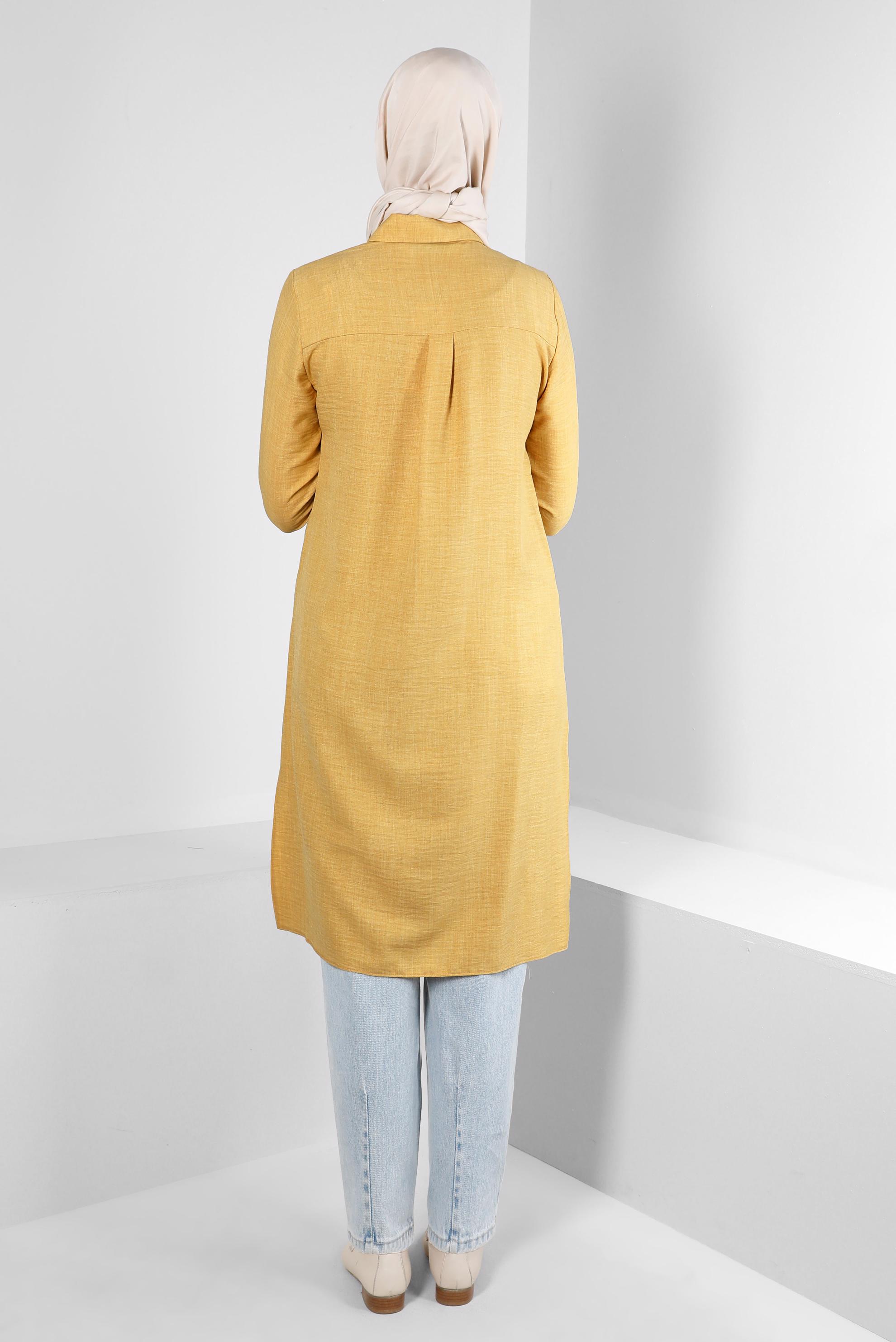 Tesettür giyim SARI YANI YIRTMAÇLI GÖMLEK YAKA DÜĞMELİ TUNİK 43549