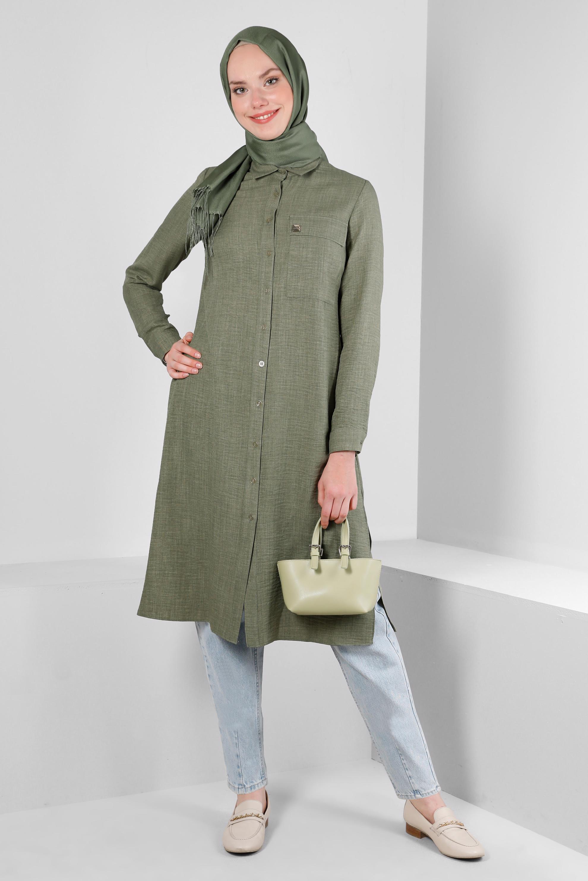 Tesettür giyim HAKİ YANI YIRTMAÇLI GÖMLEK YAKA DÜĞMELİ TUNİK 43549