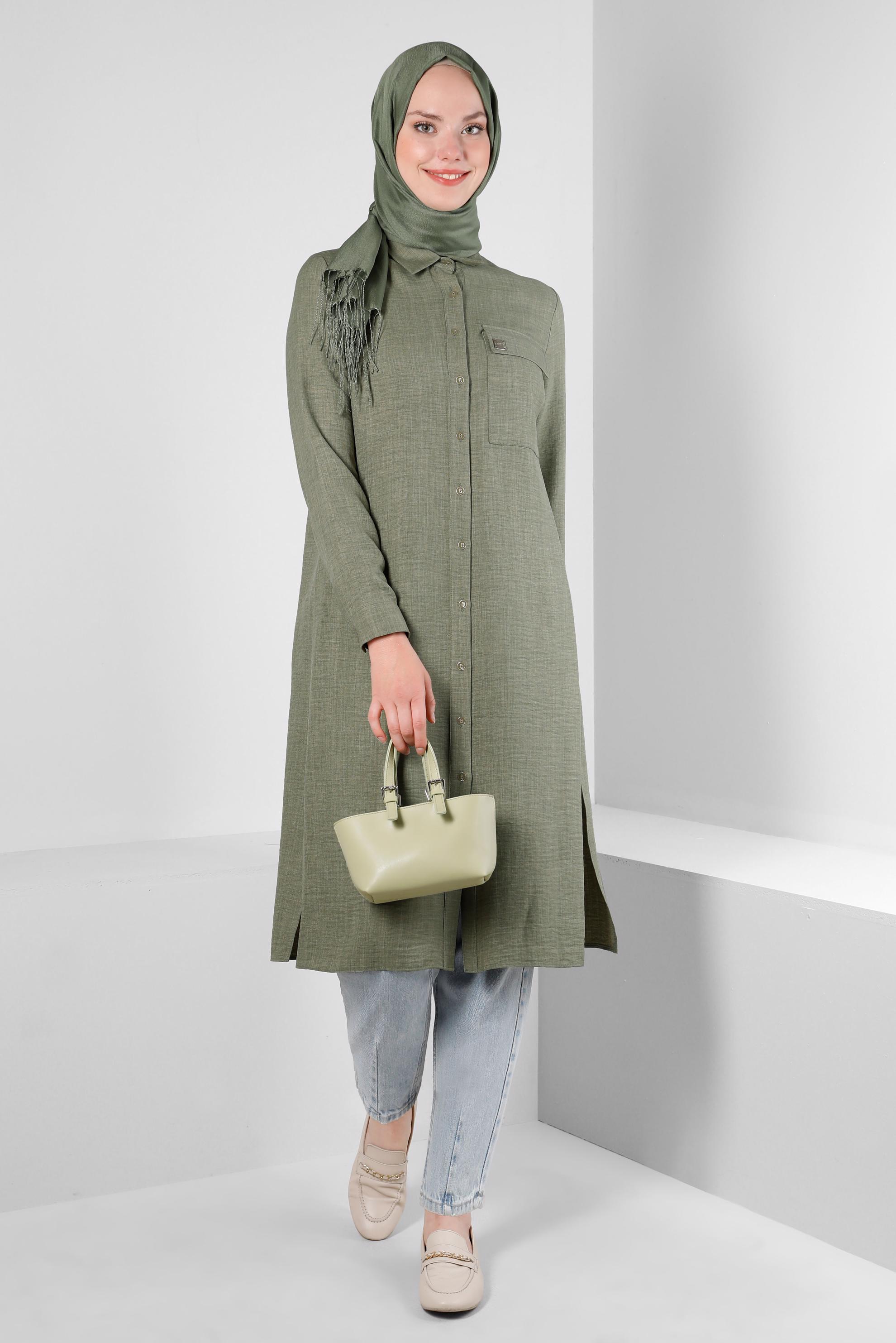 Tesettür giyim HAKİ YANI YIRTMAÇLI GÖMLEK YAKA DÜĞMELİ TUNİK 43549