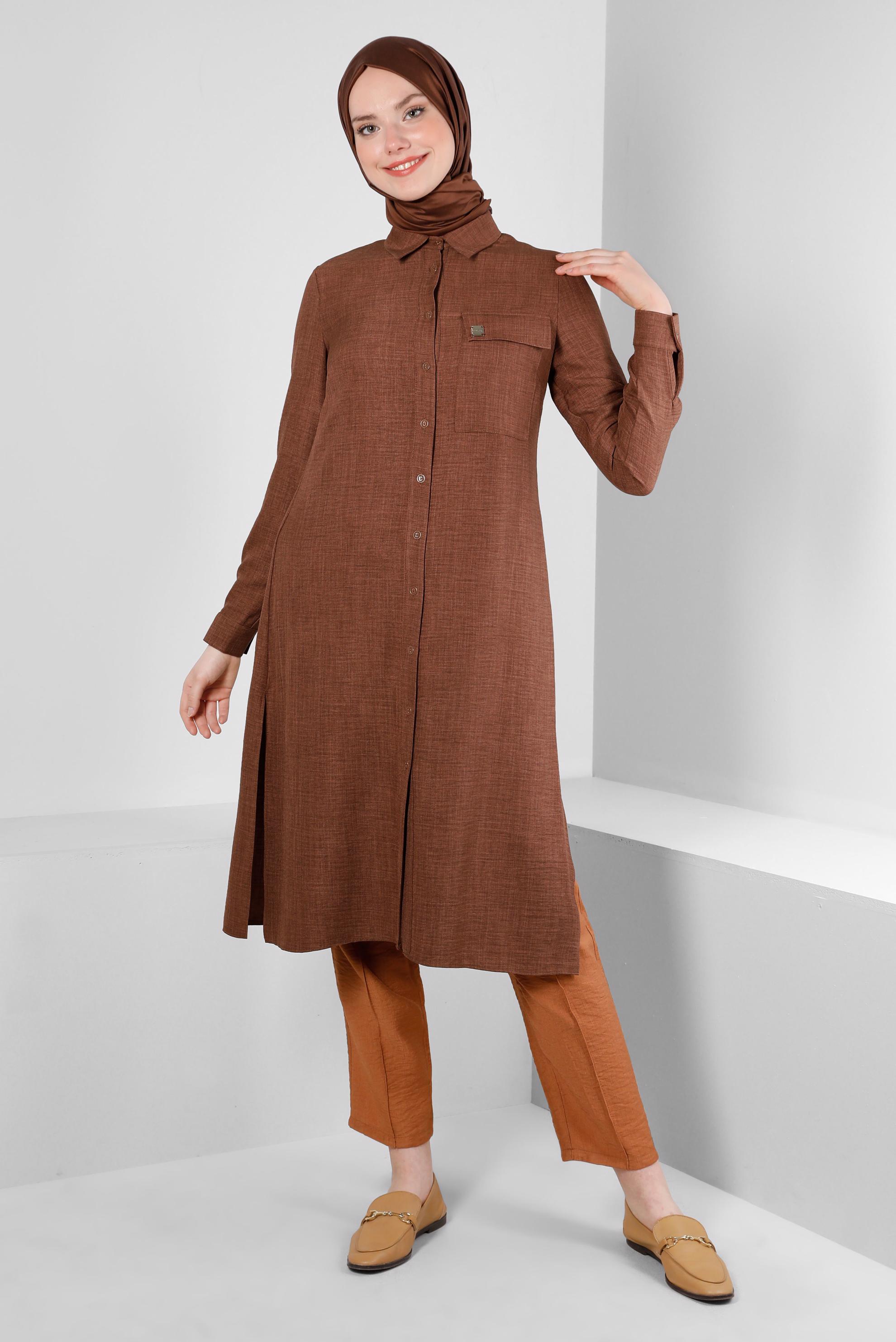 Tesettür giyim KAHVE YANI YIRTMAÇLI GÖMLEK YAKA DÜĞMELİ TUNİK 43549