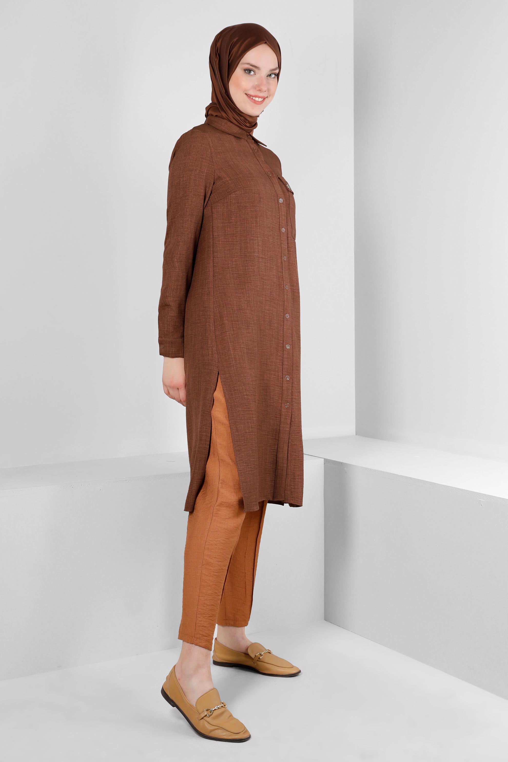 Tesettür giyim KAHVE YANI YIRTMAÇLI GÖMLEK YAKA DÜĞMELİ TUNİK 43549
