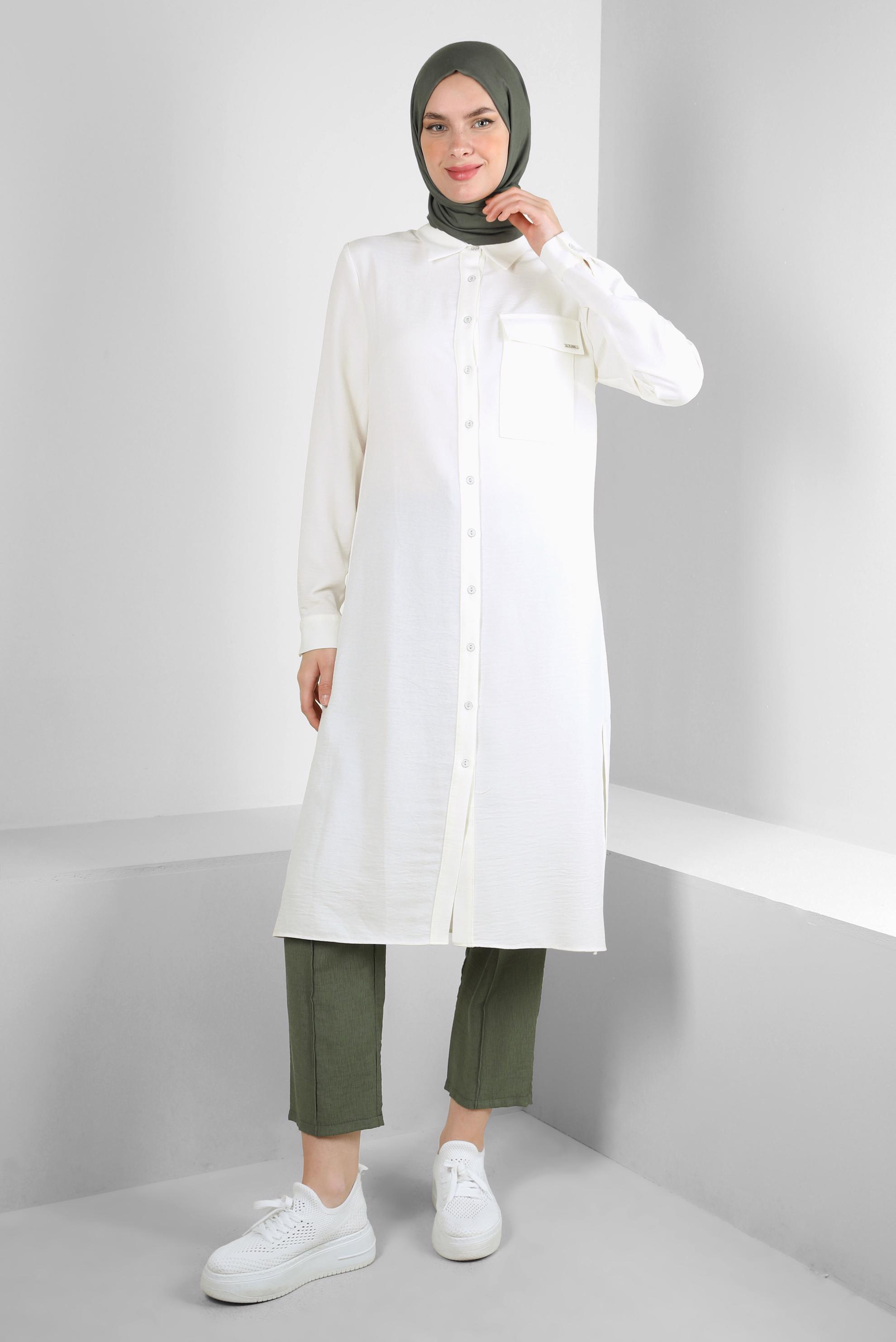 Tesettür giyim BEYAZ YANI YIRTMAÇLI GÖMLEK YAKA UZUN TUNİK 43549-1