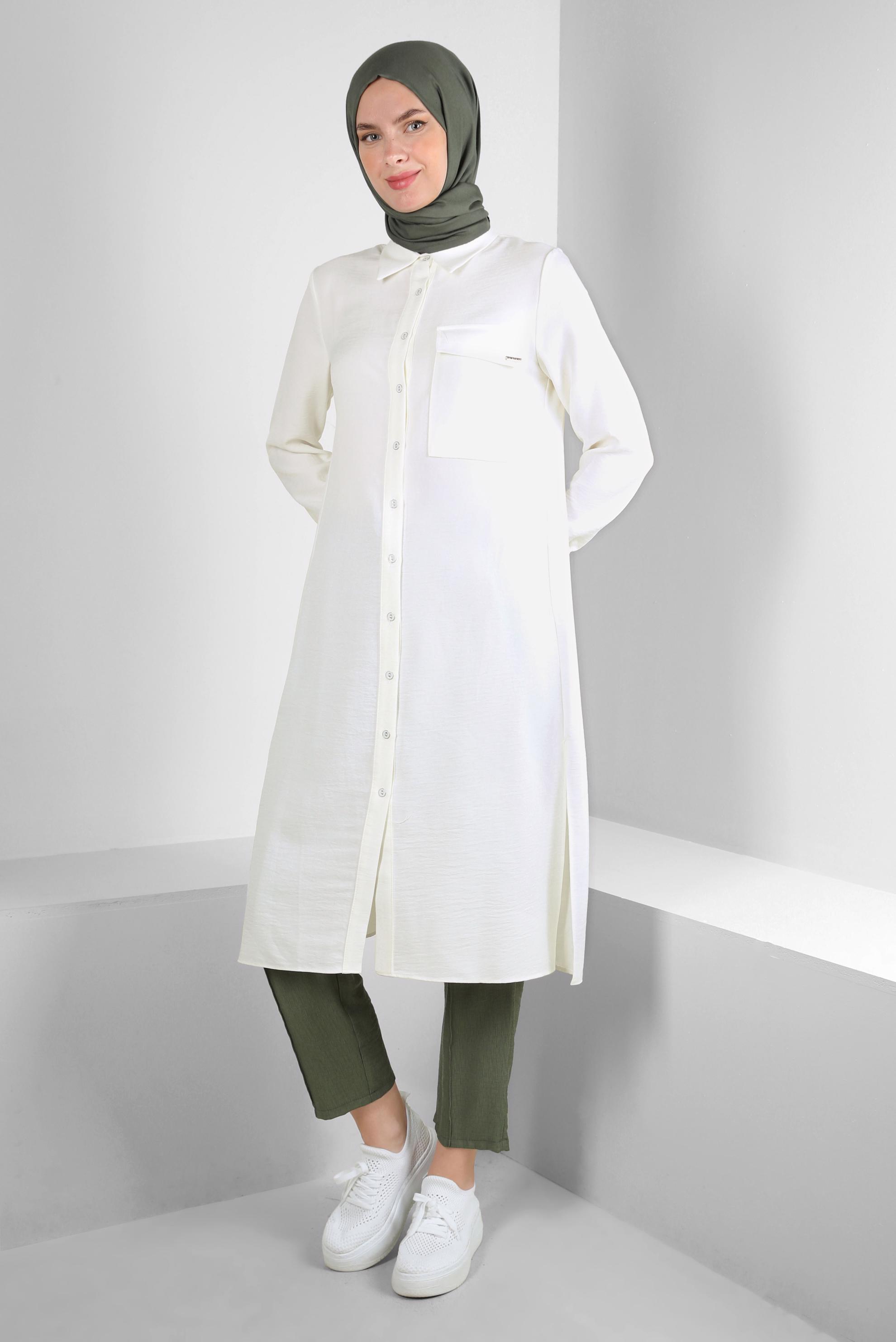 Tesettür giyim BEYAZ YANI YIRTMAÇLI GÖMLEK YAKA UZUN TUNİK 43549-1