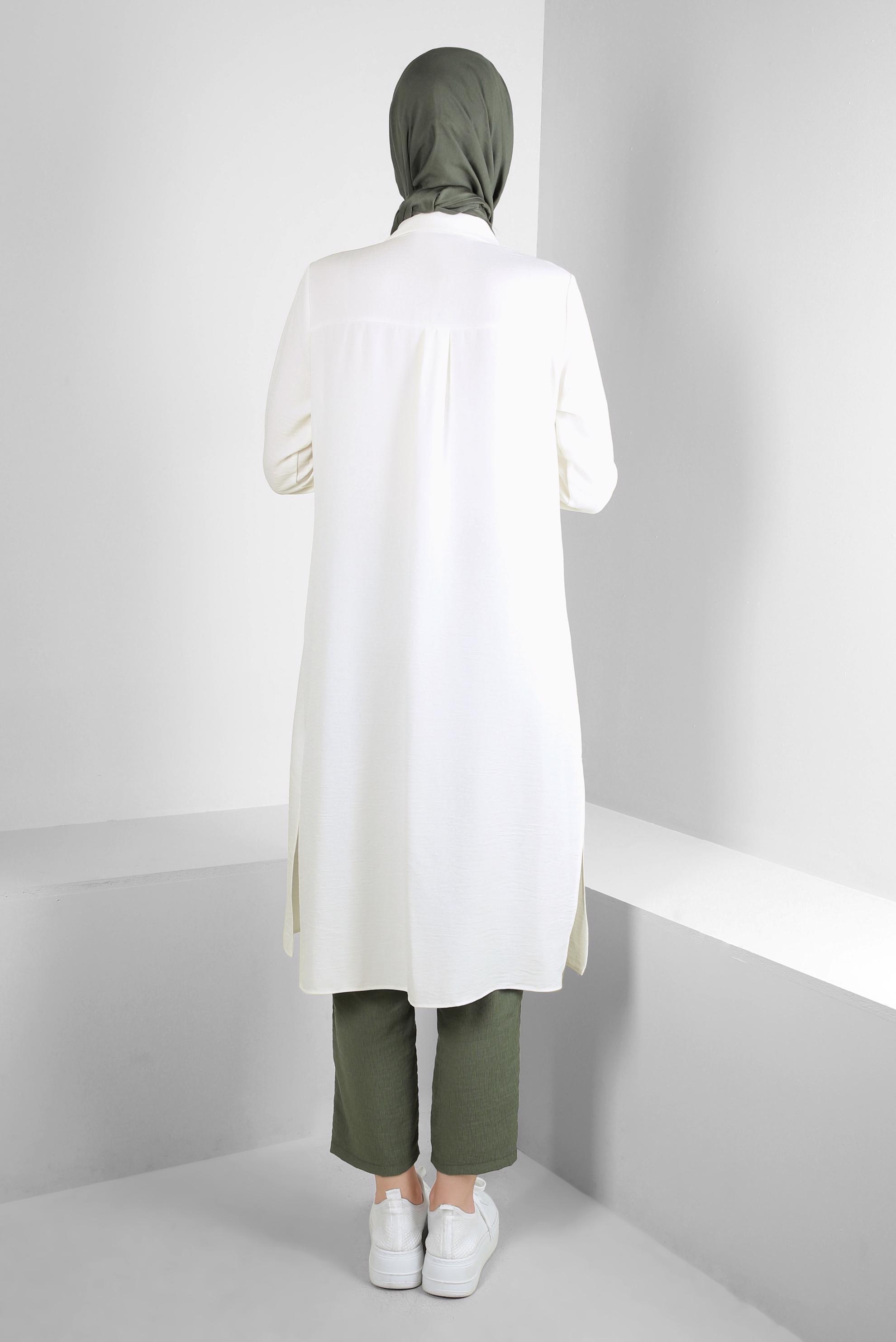 Tesettür giyim BEYAZ YANI YIRTMAÇLI GÖMLEK YAKA UZUN TUNİK 43549-1
