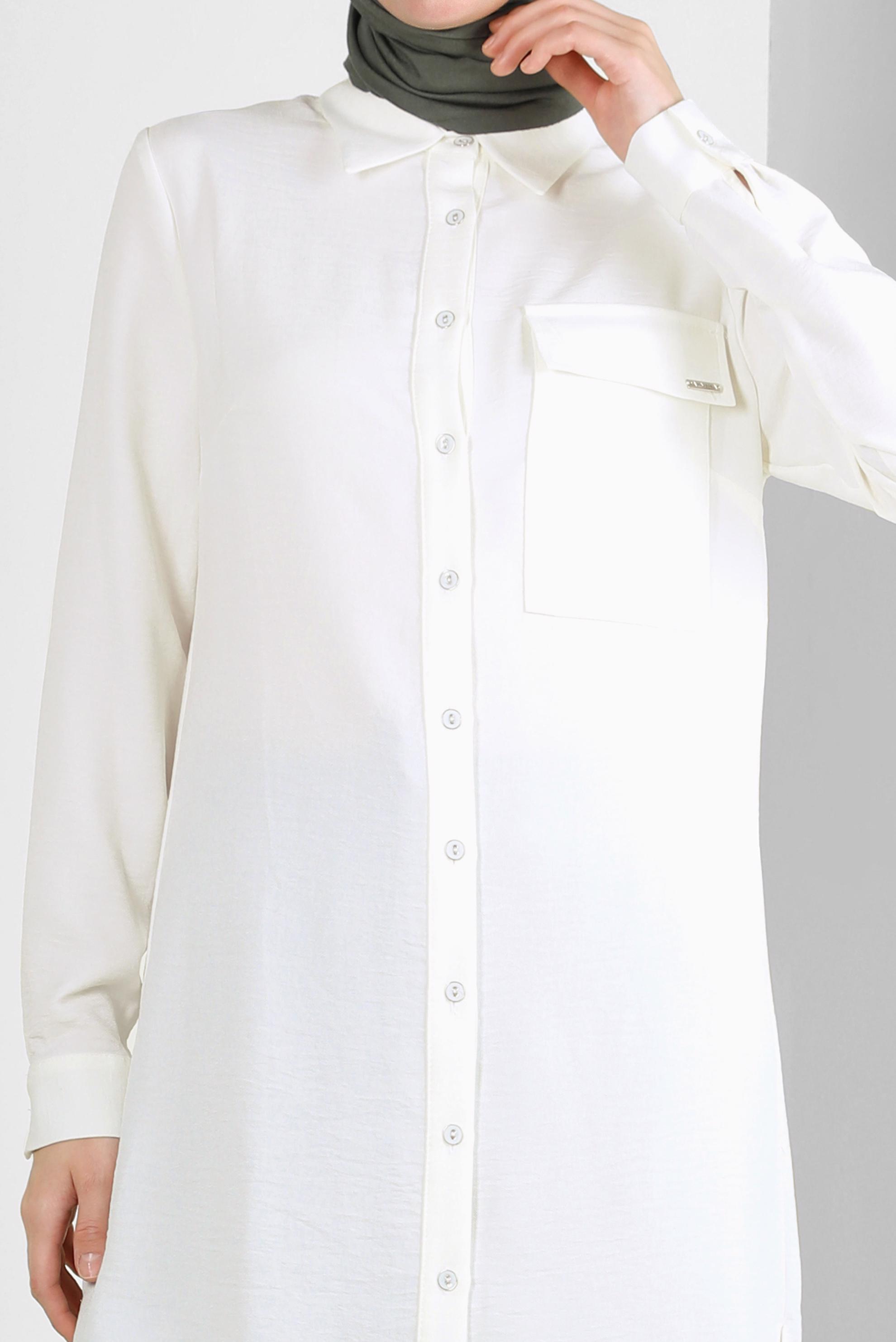 Tesettür giyim BEYAZ YANI YIRTMAÇLI GÖMLEK YAKA UZUN TUNİK 43549-1