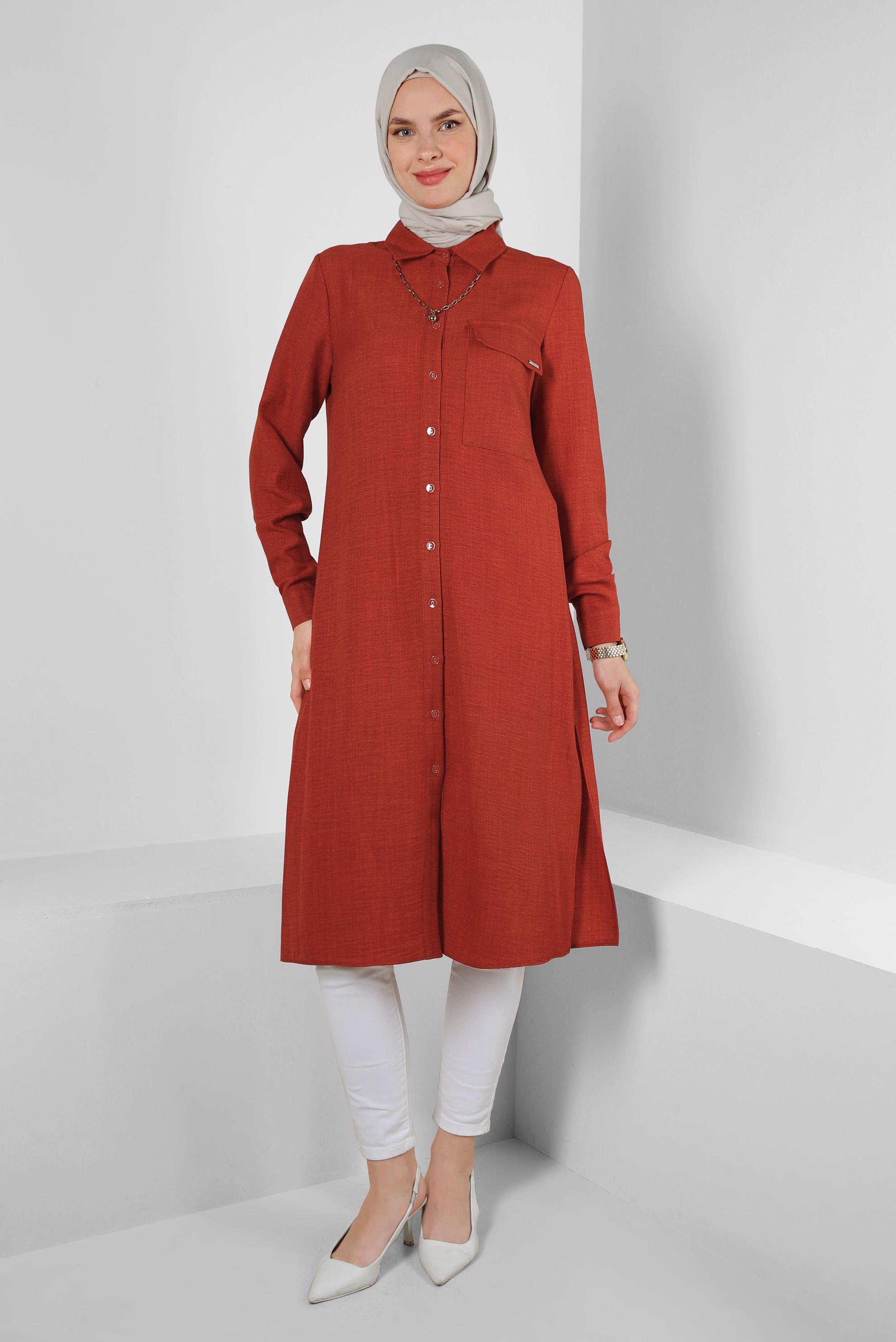 Tesettür giyim TURUNCU YANI YIRTMAÇLI GÖMLEK YAKA UZUN TUNİK 43549-1