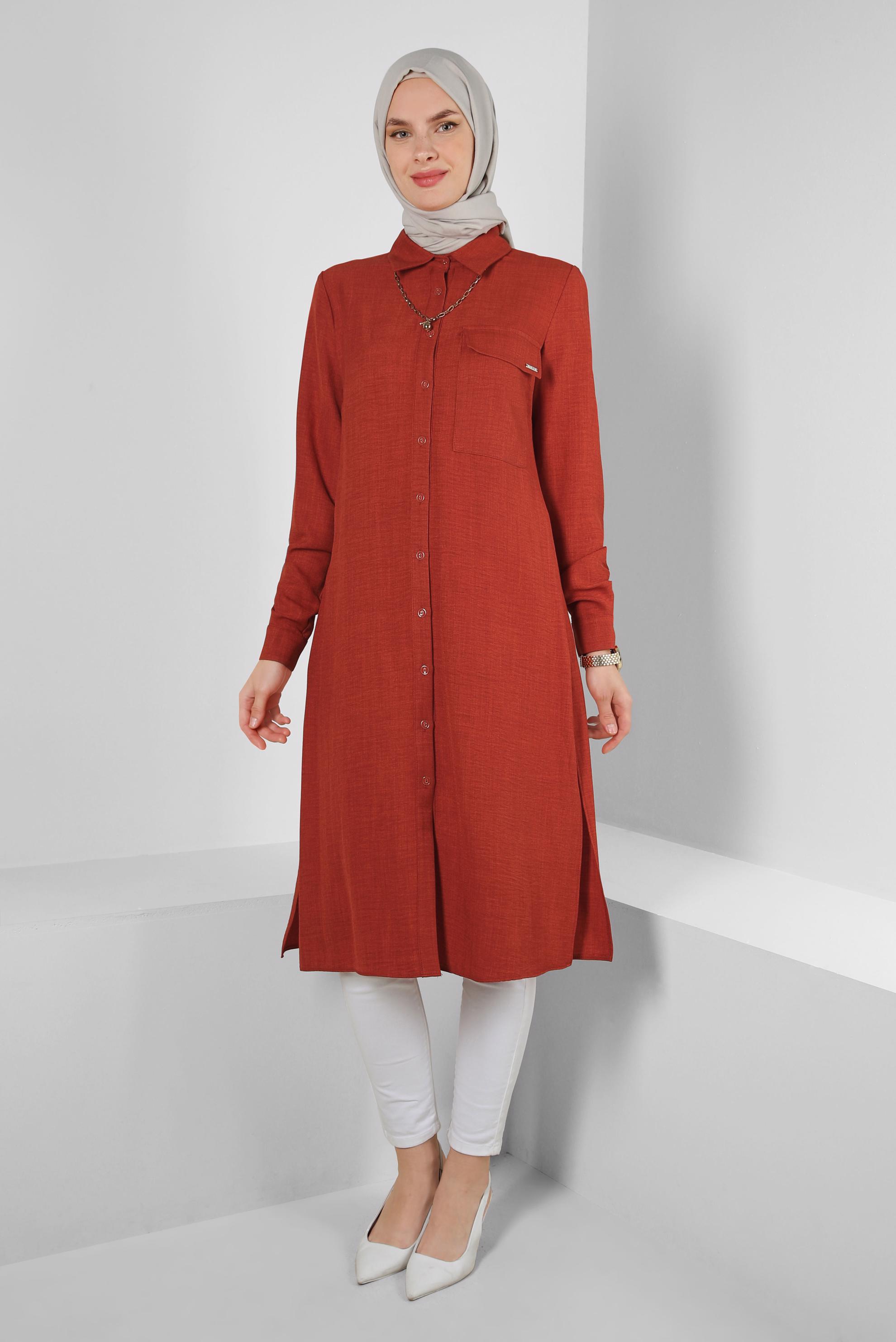Tesettür giyim TURUNCU YANI YIRTMAÇLI GÖMLEK YAKA UZUN TUNİK 43549-1