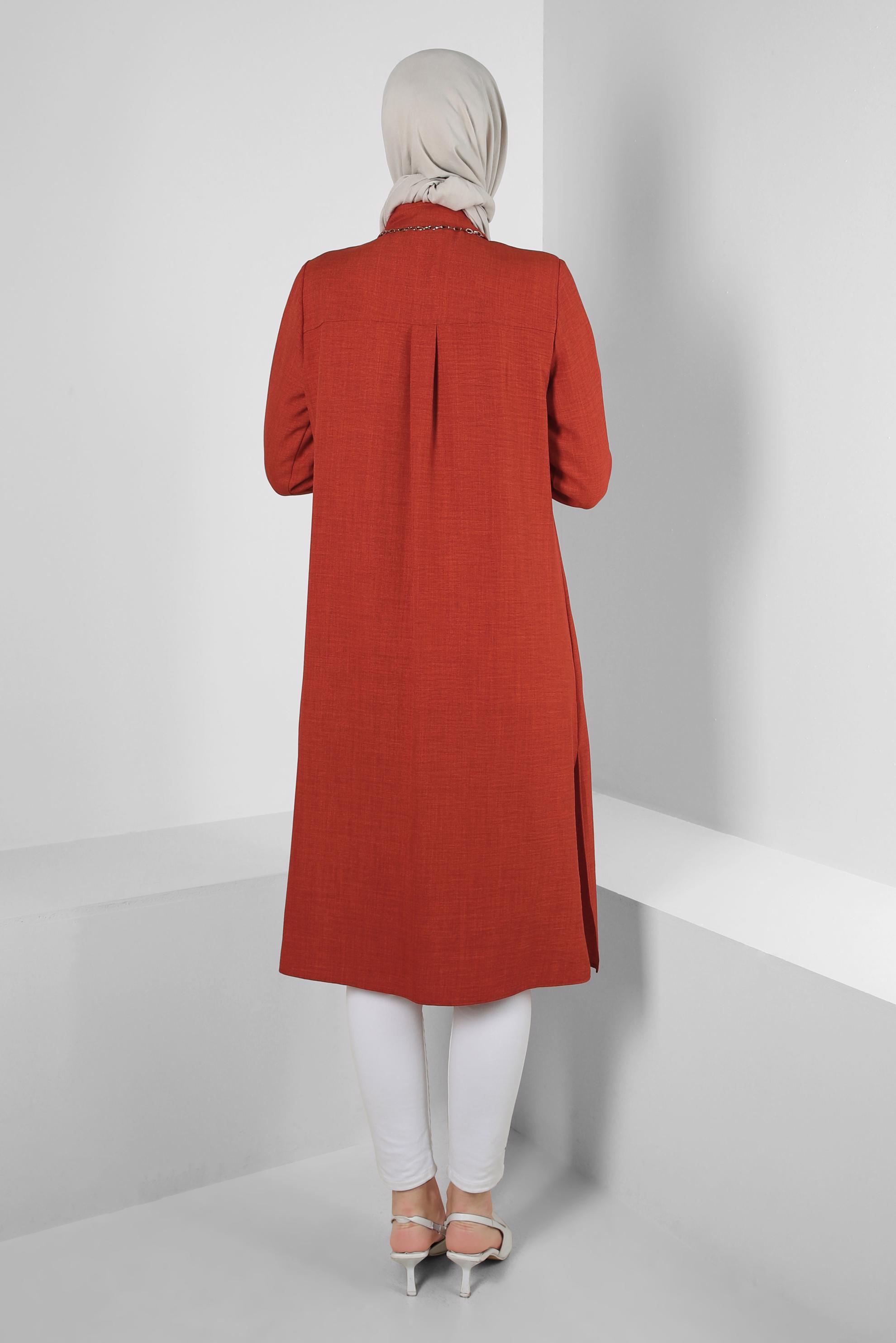 Tesettür giyim TURUNCU YANI YIRTMAÇLI GÖMLEK YAKA UZUN TUNİK 43549-1