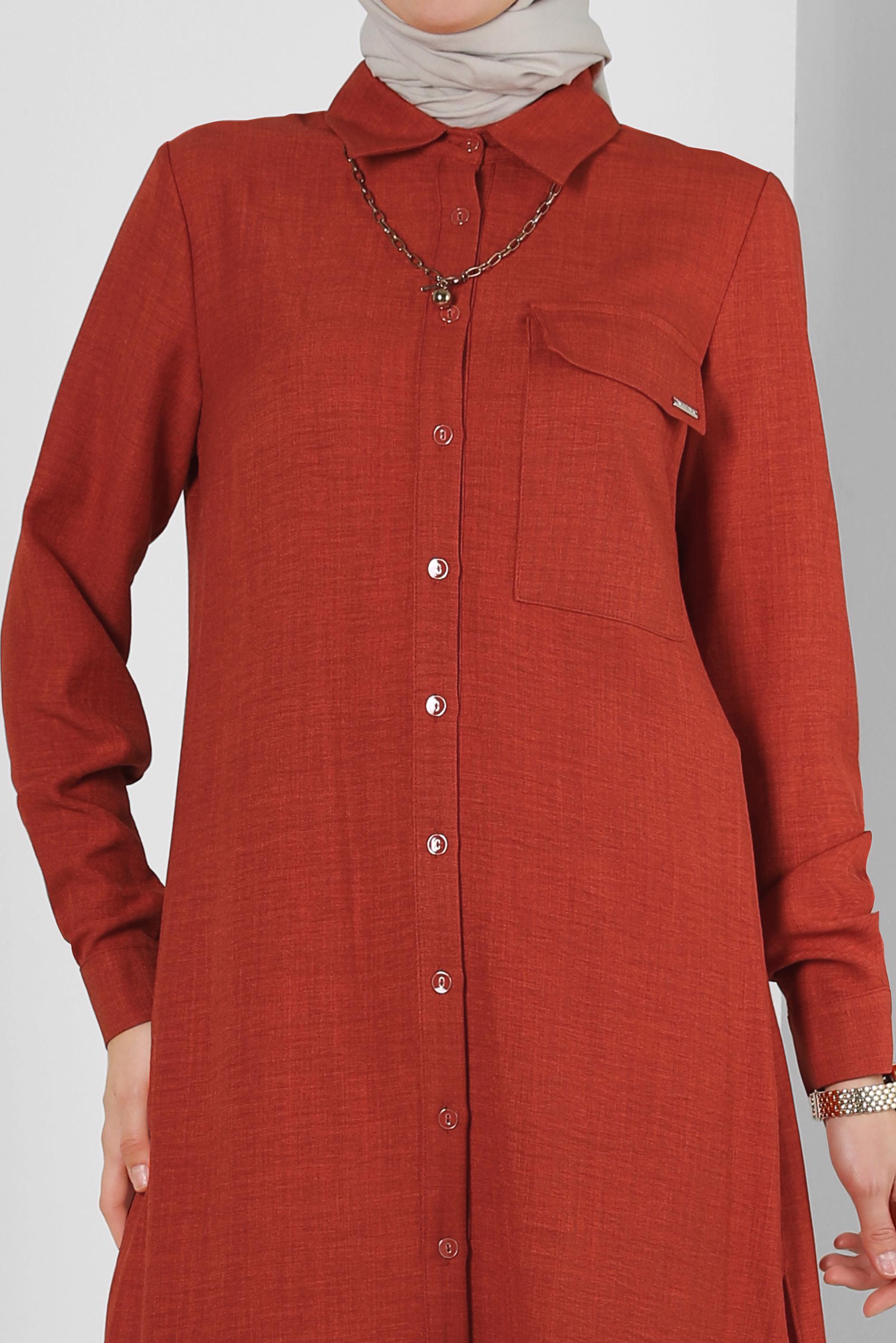 Tesettür giyim TURUNCU YANI YIRTMAÇLI GÖMLEK YAKA UZUN TUNİK 43549-1