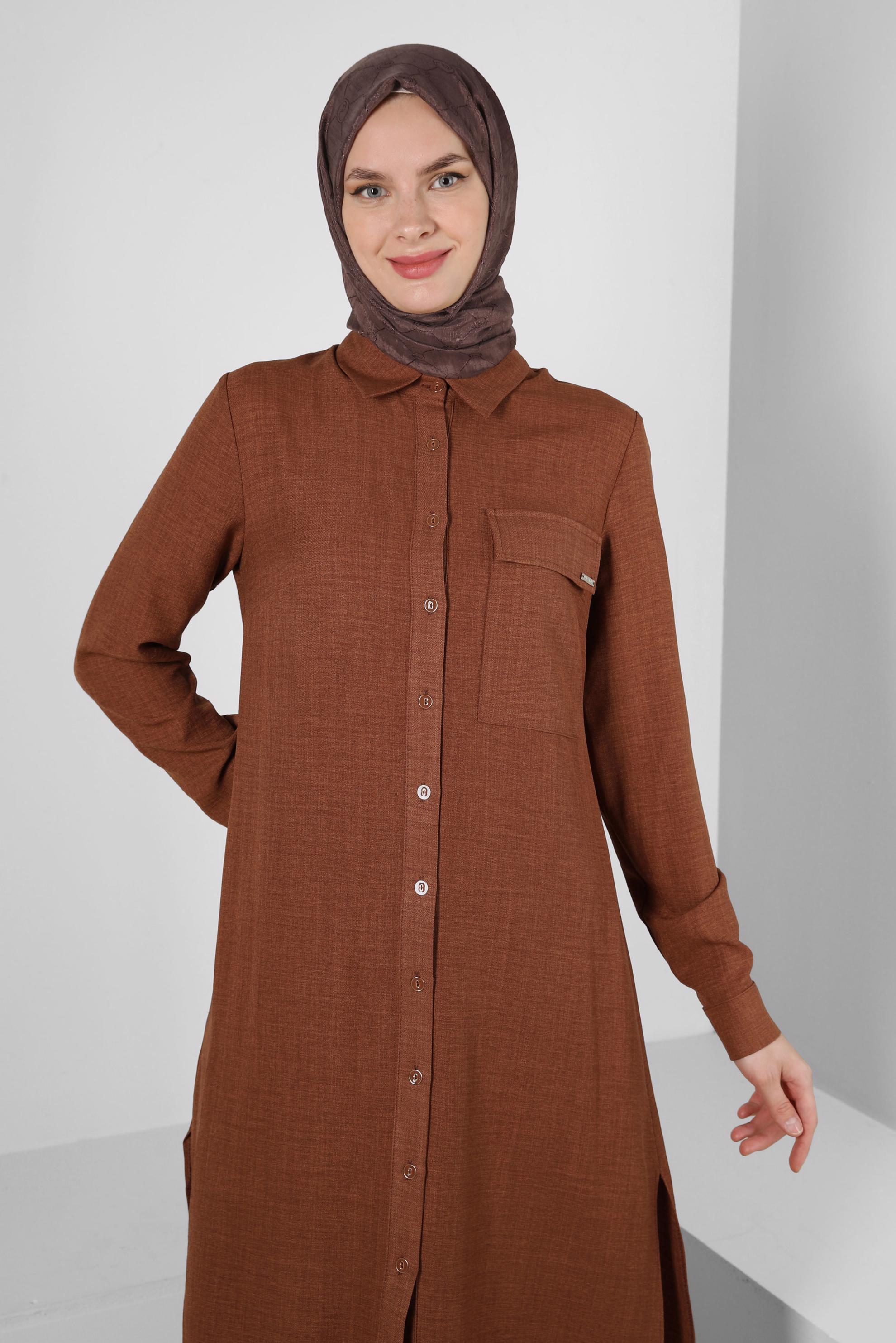 Tesettür giyim TABA YANI YIRTMAÇLI GÖMLEK YAKA UZUN TUNİK 43549-1