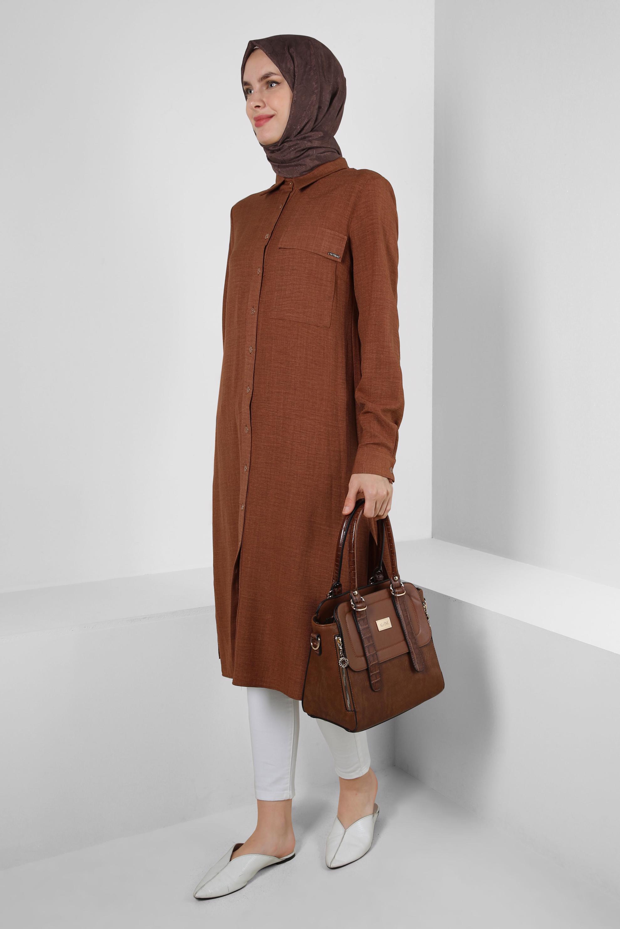 Tesettür giyim TABA YANI YIRTMAÇLI GÖMLEK YAKA UZUN TUNİK 43549-1