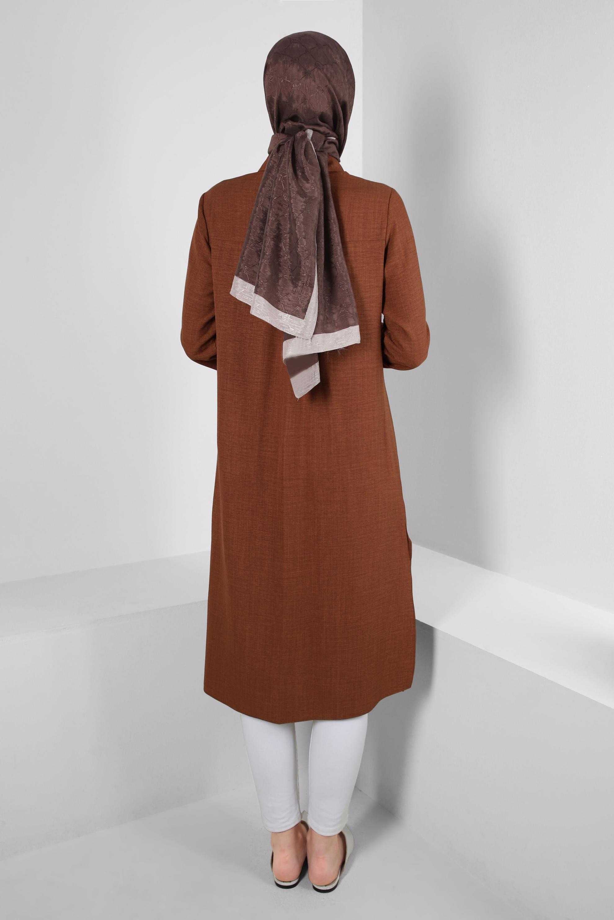 Tesettür giyim TABA YANI YIRTMAÇLI GÖMLEK YAKA UZUN TUNİK 43549-1