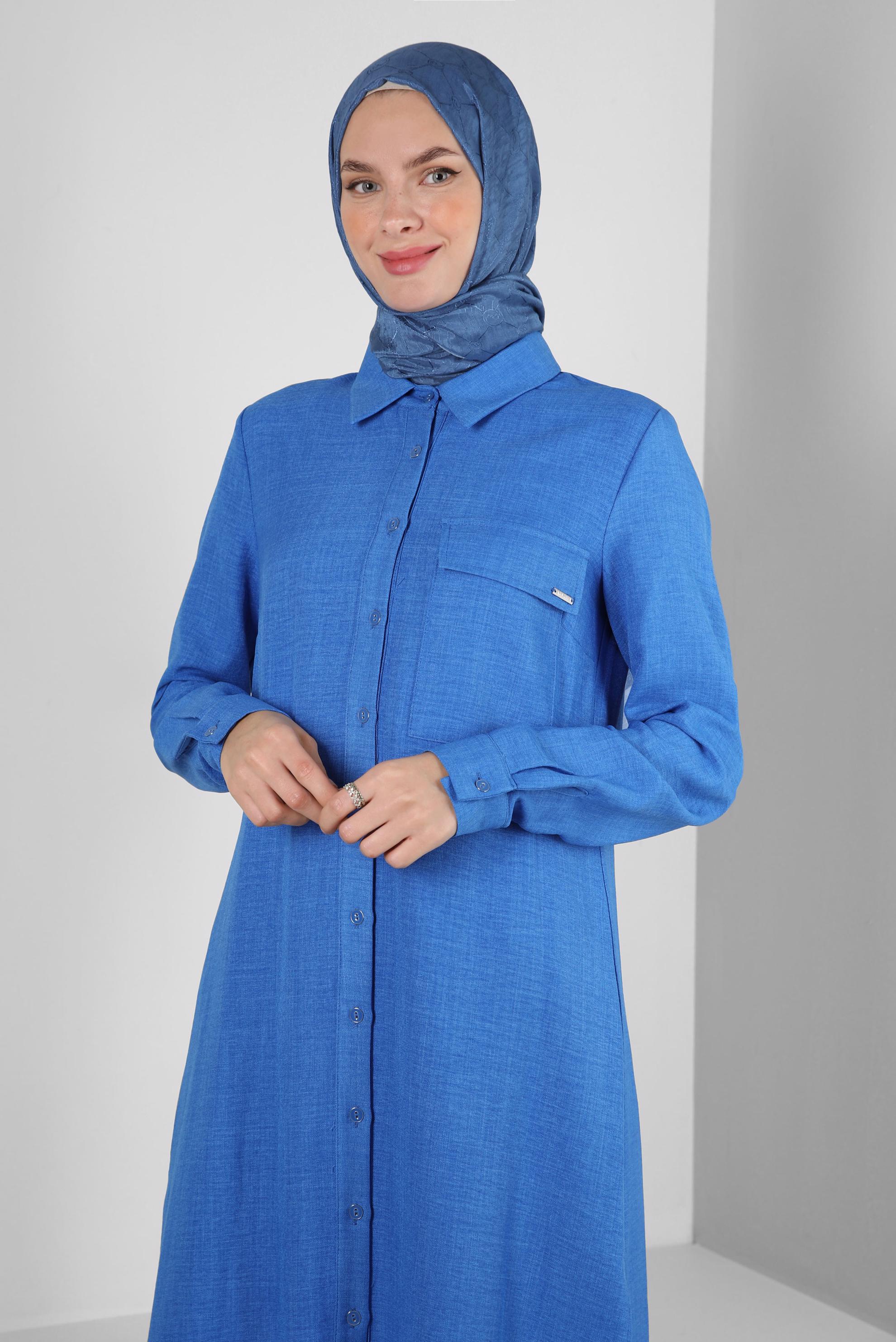 Tesettür giyim LACİVERT YANI YIRTMAÇLI GÖMLEK YAKA UZUN TUNİK 43549-1