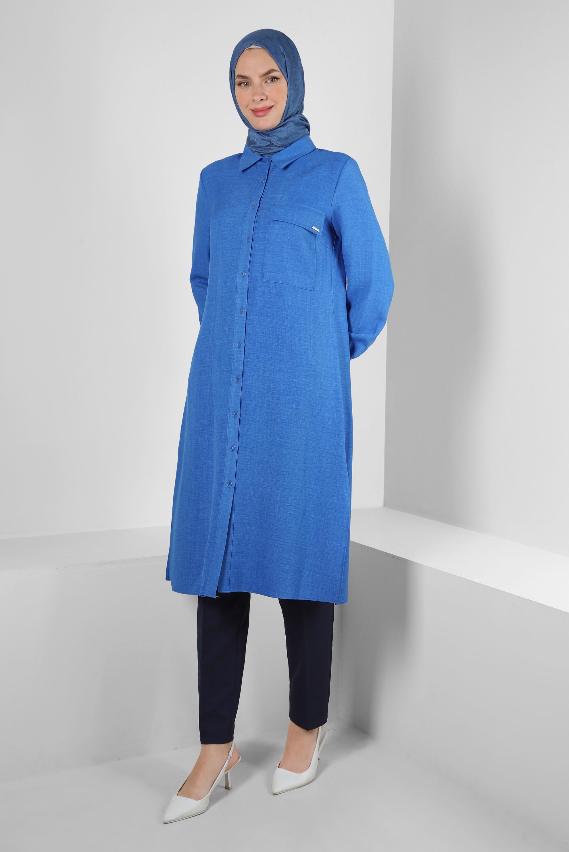 Tesettür giyim LACİVERT YANI YIRTMAÇLI GÖMLEK YAKA UZUN TUNİK 43549-1