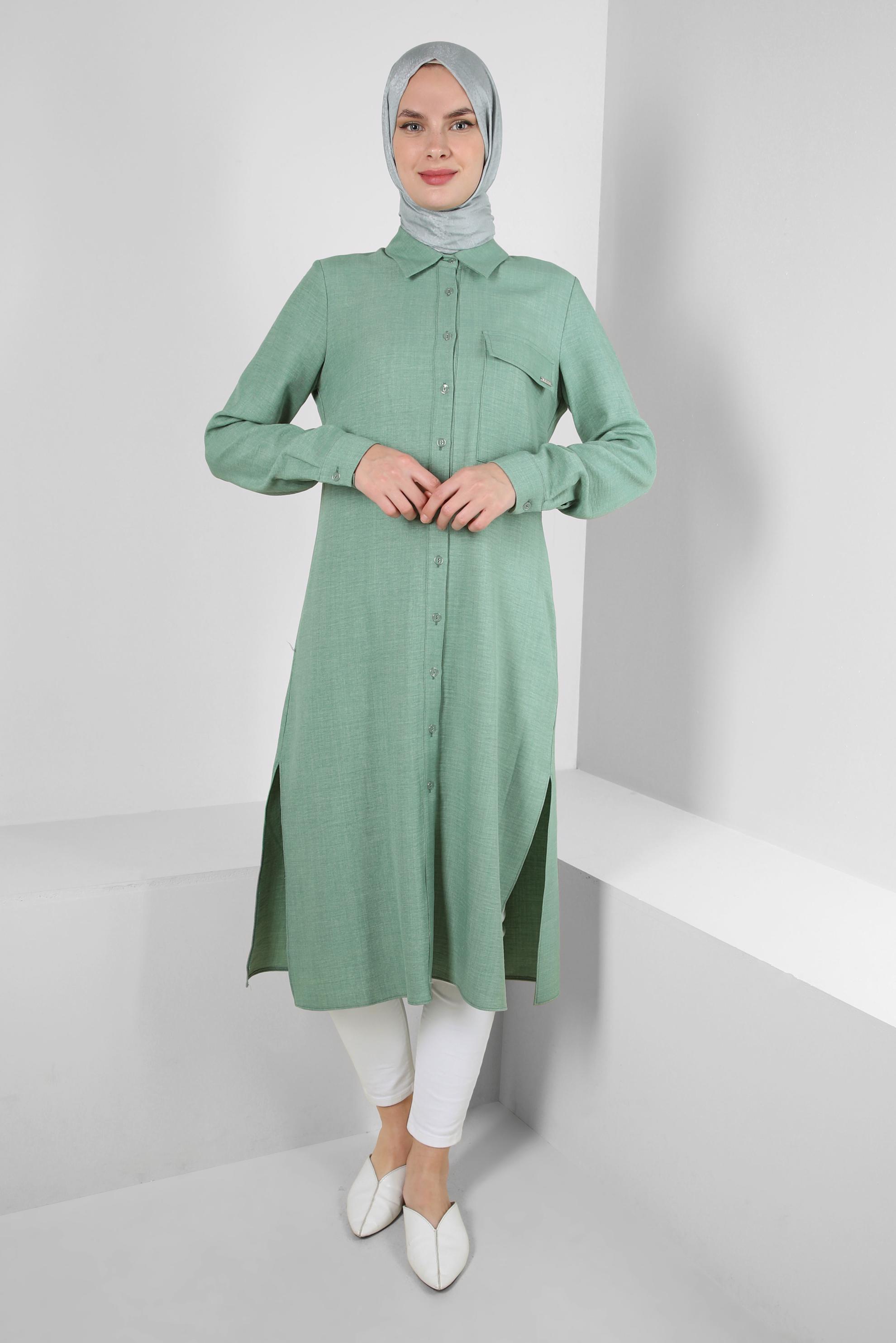 Tesettür giyim YEŞİL YANI YIRTMAÇLI GÖMLEK YAKA UZUN TUNİK 43549-1