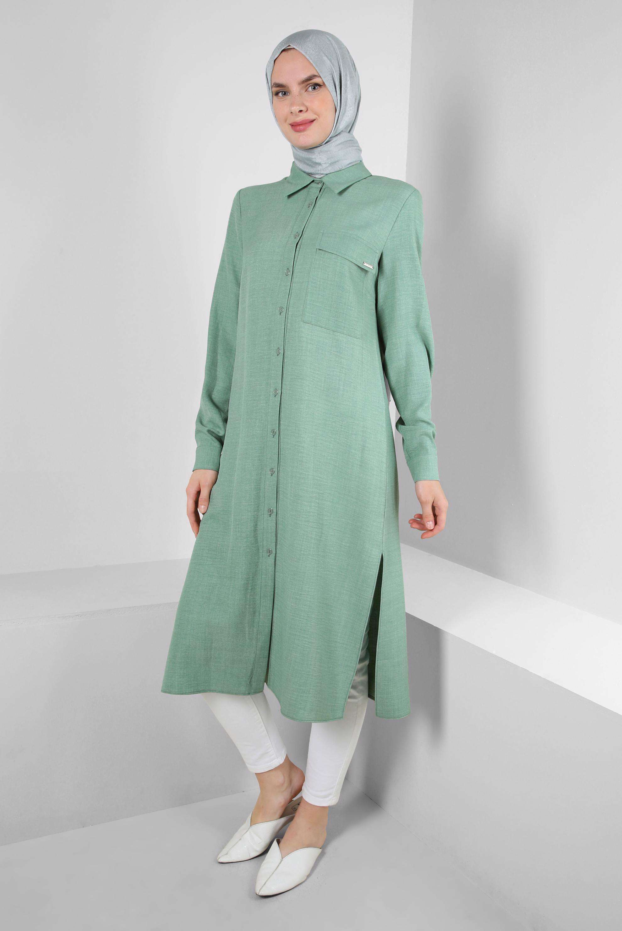 Tesettür giyim YEŞİL YANI YIRTMAÇLI GÖMLEK YAKA UZUN TUNİK 43549-1