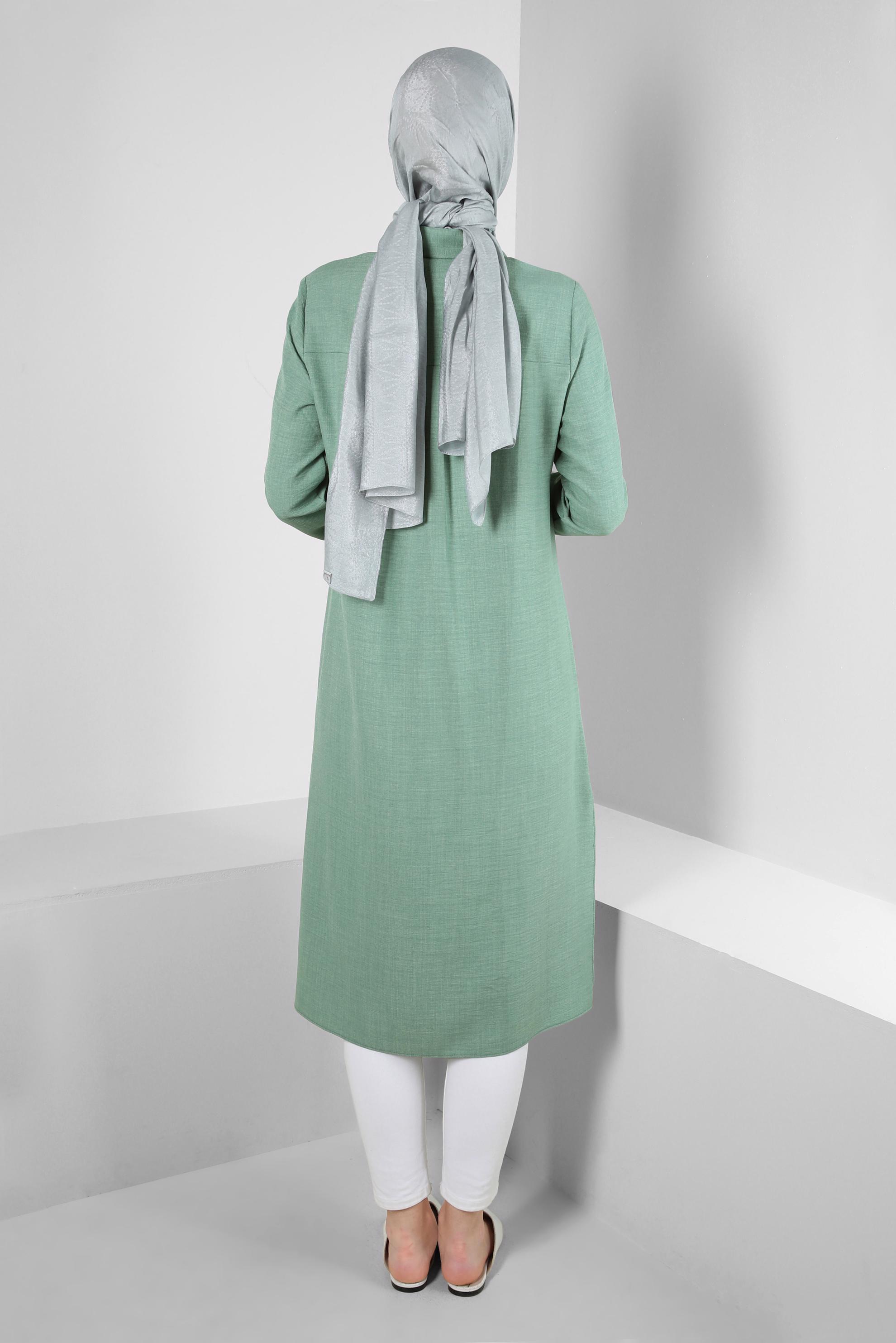 Tesettür giyim YEŞİL YANI YIRTMAÇLI GÖMLEK YAKA UZUN TUNİK 43549-1