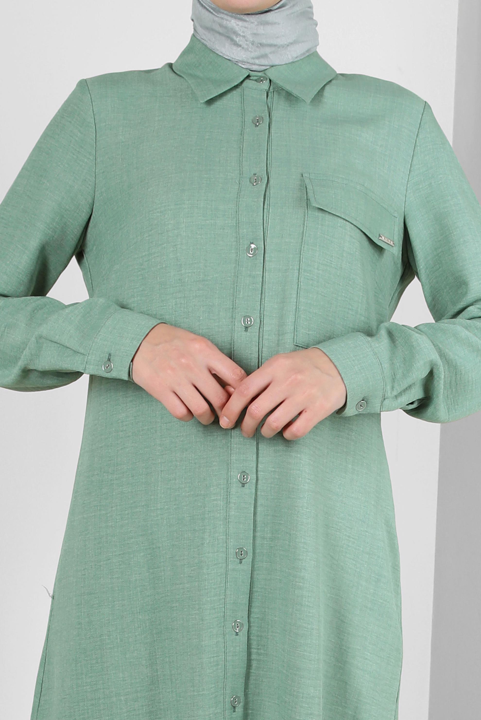 Tesettür giyim YEŞİL YANI YIRTMAÇLI GÖMLEK YAKA UZUN TUNİK 43549-1