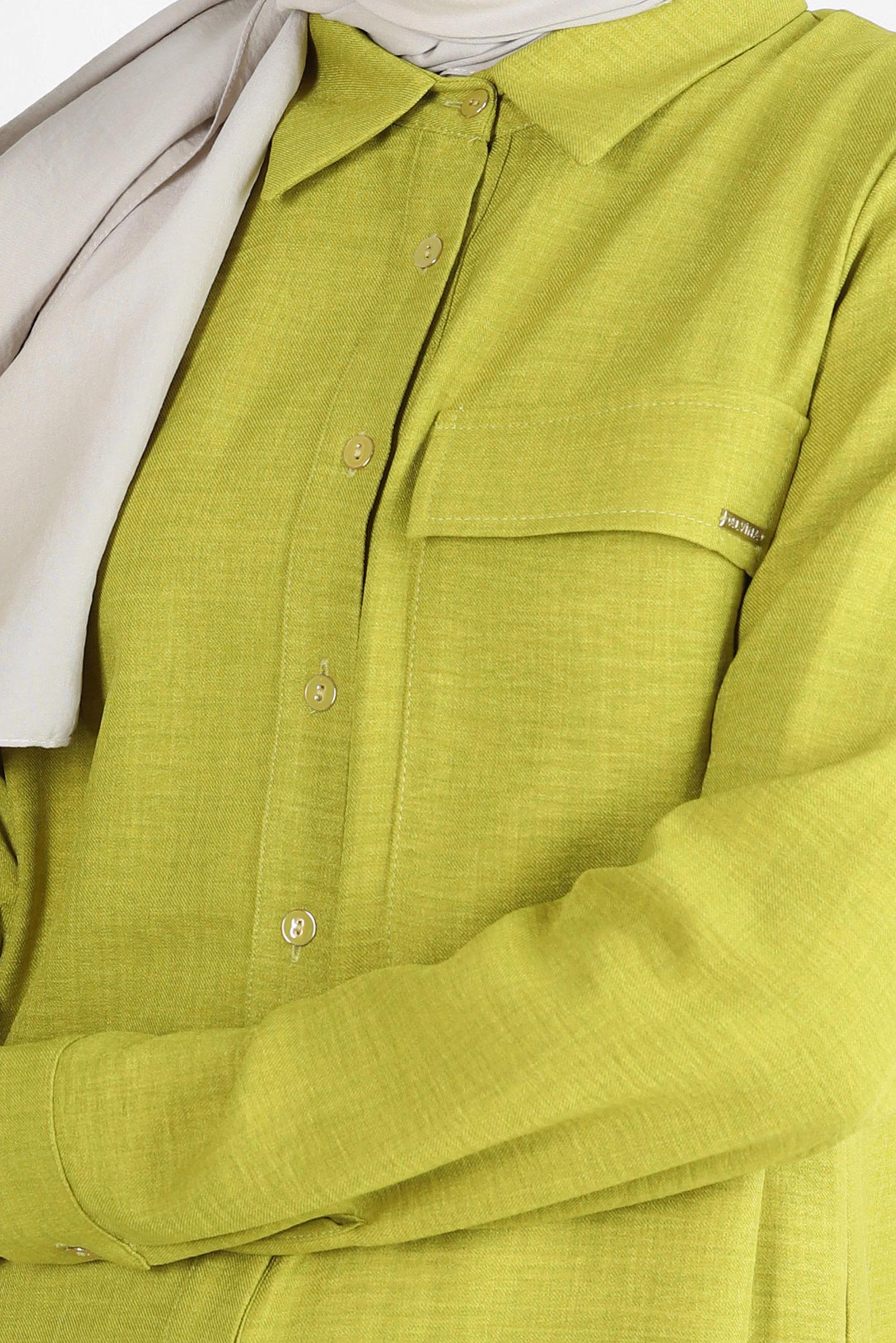 Tesettür giyim YEŞİL YANI YIRTMAÇLI GÖMLEK YAKA UZUN TUNİK 43549-1