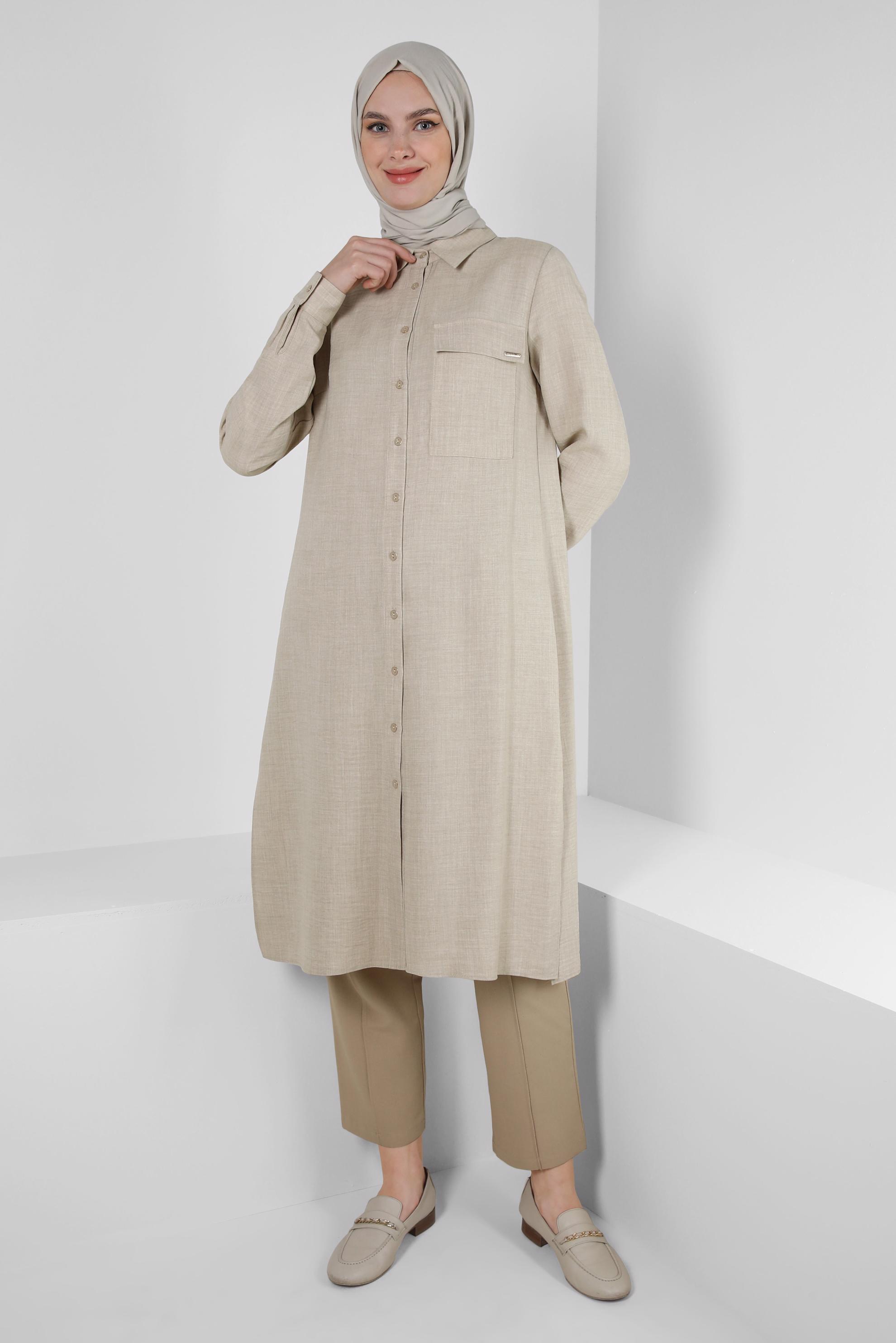 Tesettür giyim BEJ YANI YIRTMAÇLI GÖMLEK YAKA DÜĞMELİ TUNİK 43549