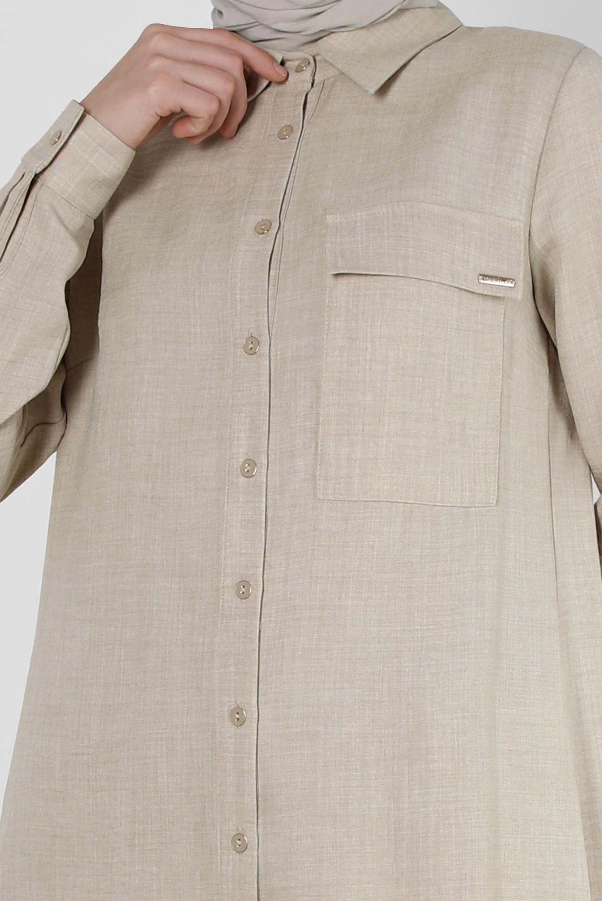 Tesettür giyim BEJ YANI YIRTMAÇLI GÖMLEK YAKA DÜĞMELİ TUNİK 43549