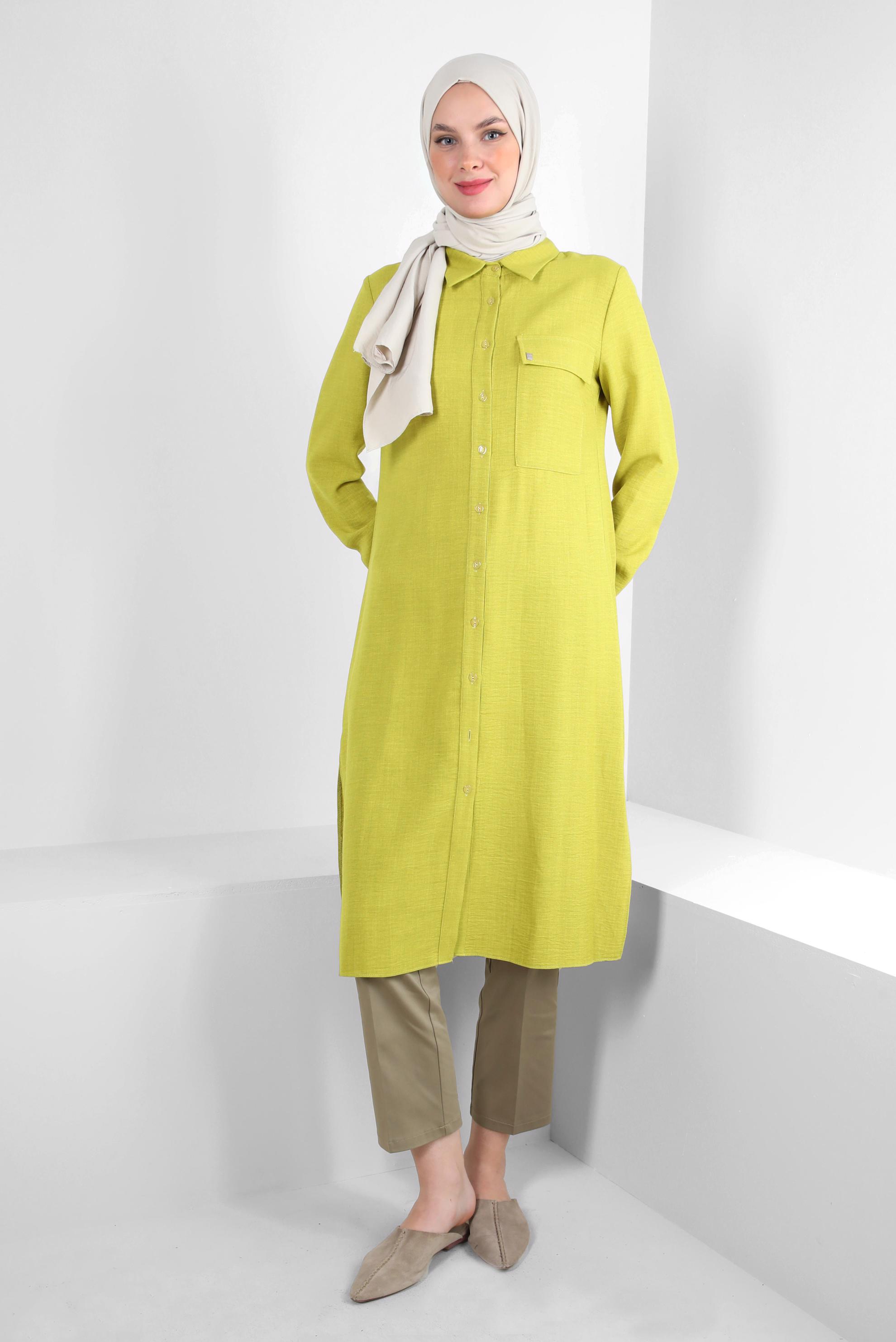 Tesettür giyim YEŞİL YANI YIRTMAÇLI GÖMLEK YAKA DÜĞMELİ TUNİK 43549