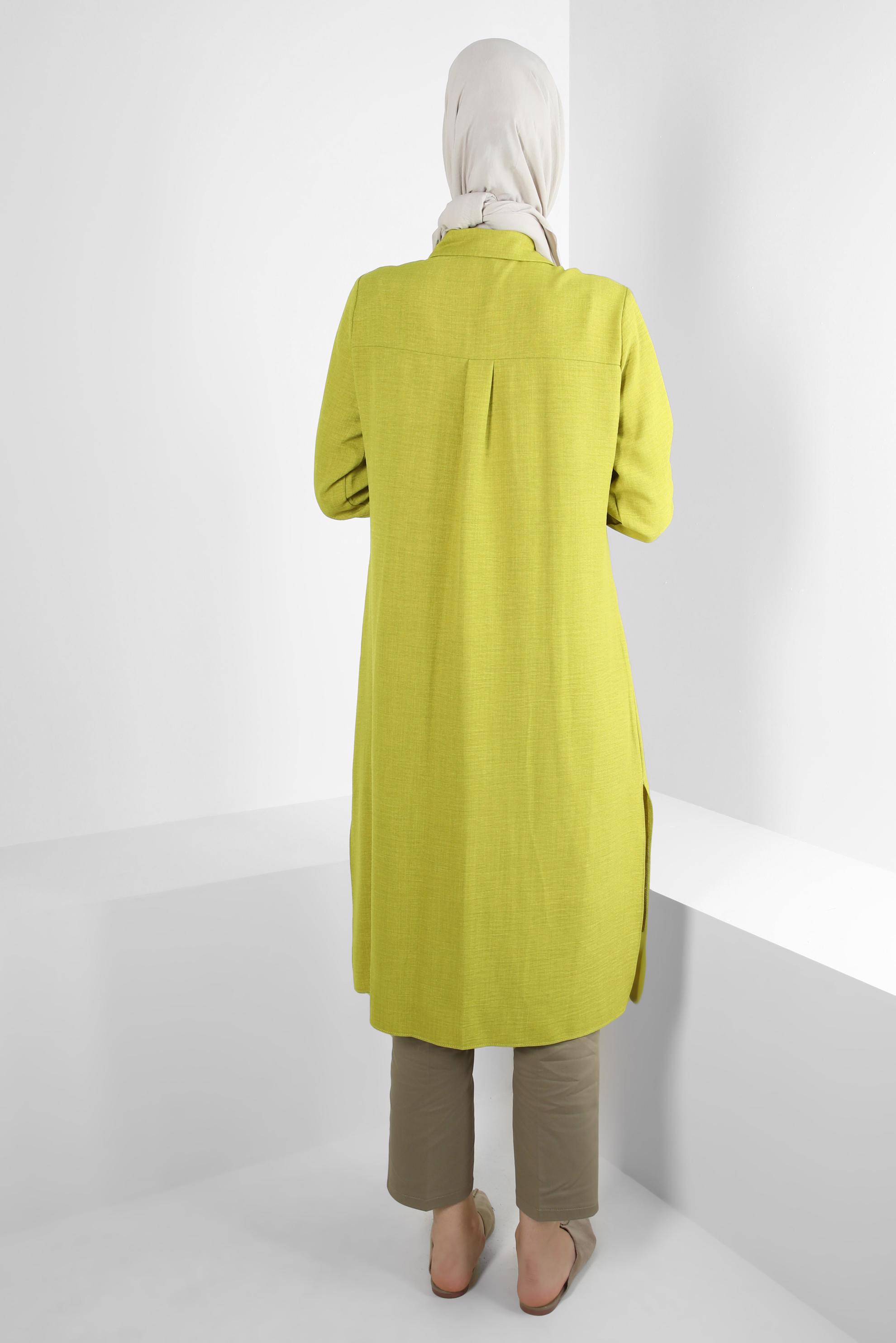 Tesettür giyim YEŞİL YANI YIRTMAÇLI GÖMLEK YAKA DÜĞMELİ TUNİK 43549