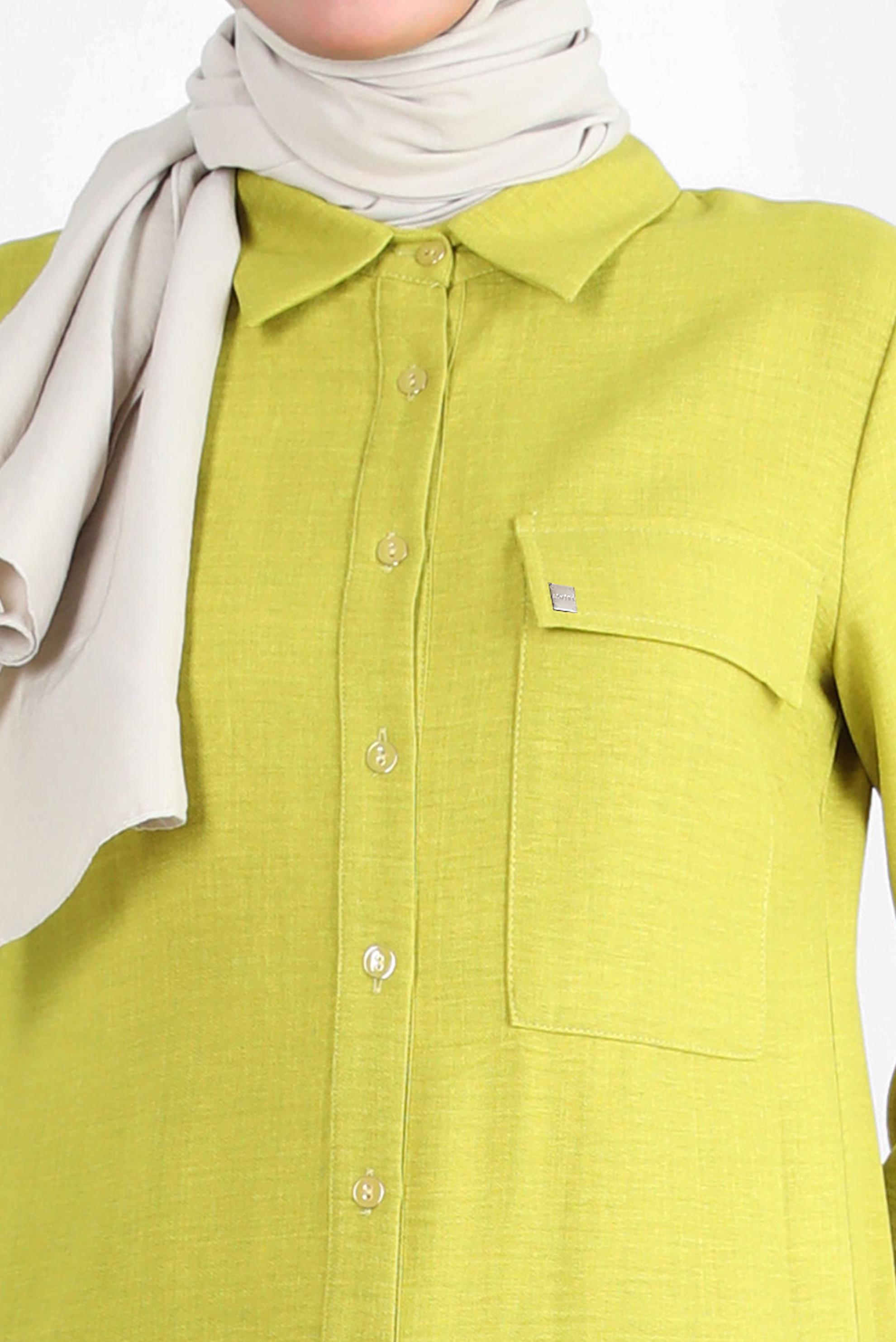 Tesettür giyim YEŞİL YANI YIRTMAÇLI GÖMLEK YAKA DÜĞMELİ TUNİK 43549