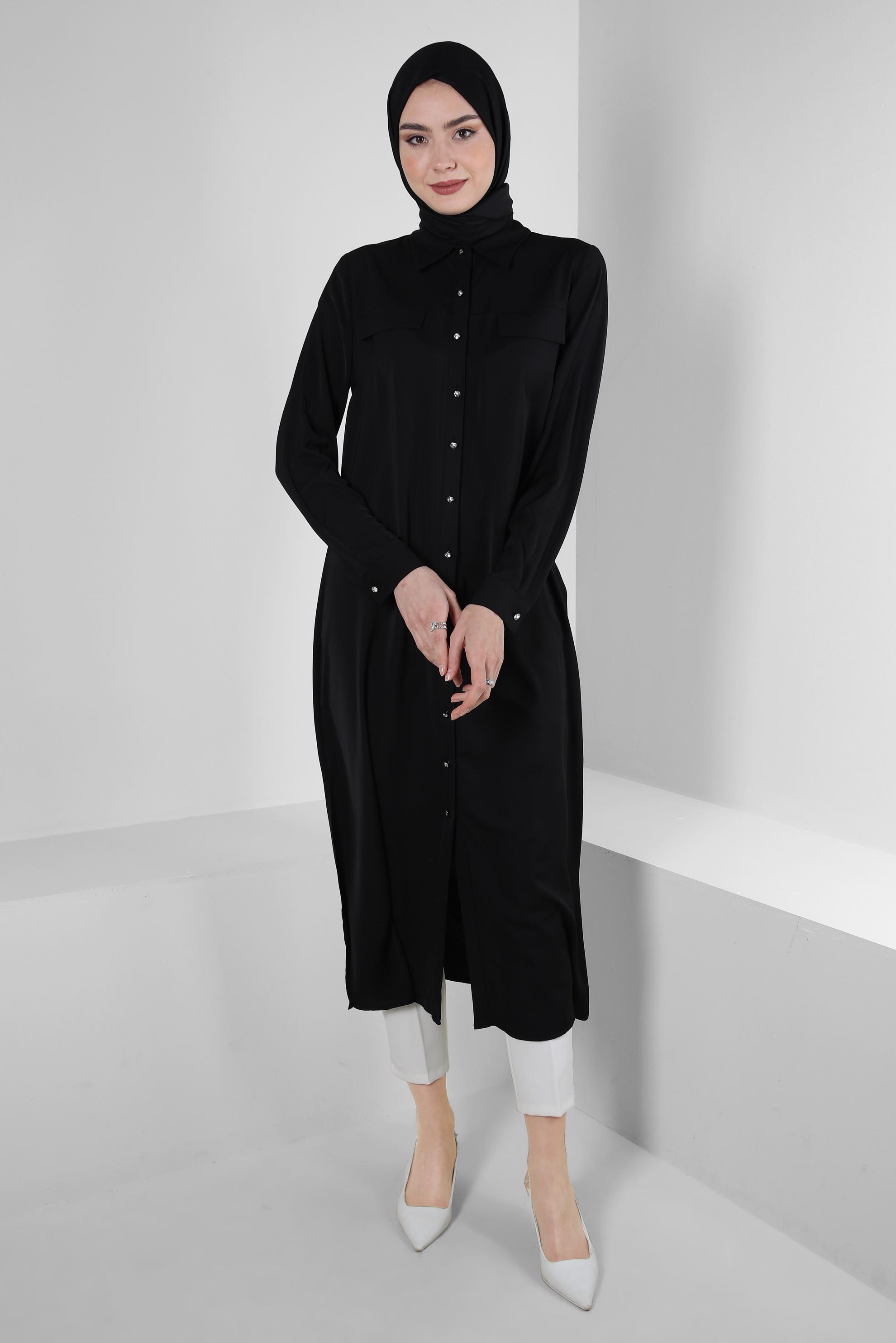 Tesettür giyim SİYAH GÖMLEK YAKA SIRT İŞLEMELİ TUNİK 43566 